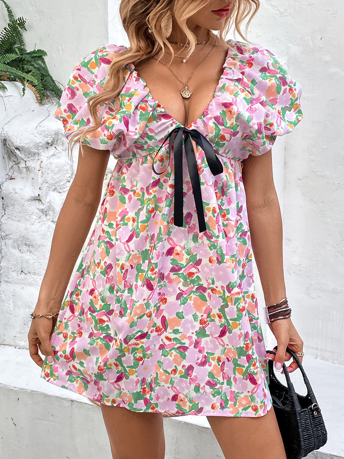 Elegant Puff Sleeve Mini Dress with Bow Tie Detail - Perfect for Date Night, Cocktail Parties & Summer Weddings