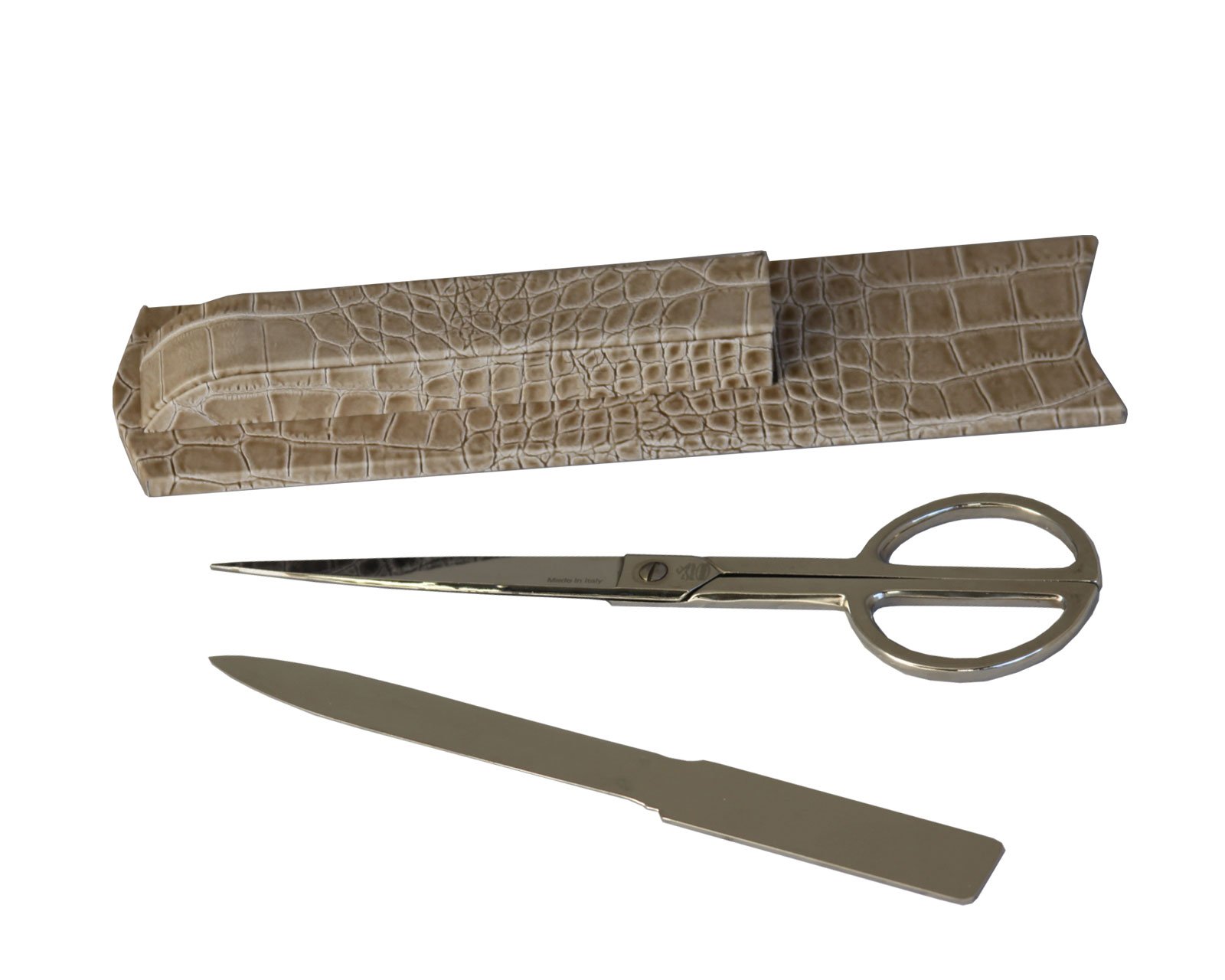 Luxury Italian Crocodile Leather Library Set & Office Accessories - DACASSO Protacini Breeze Beige Crocodile Leather Desk Organizer - Elegant Silver Library Set for Home Office & Executive Workspace Decor