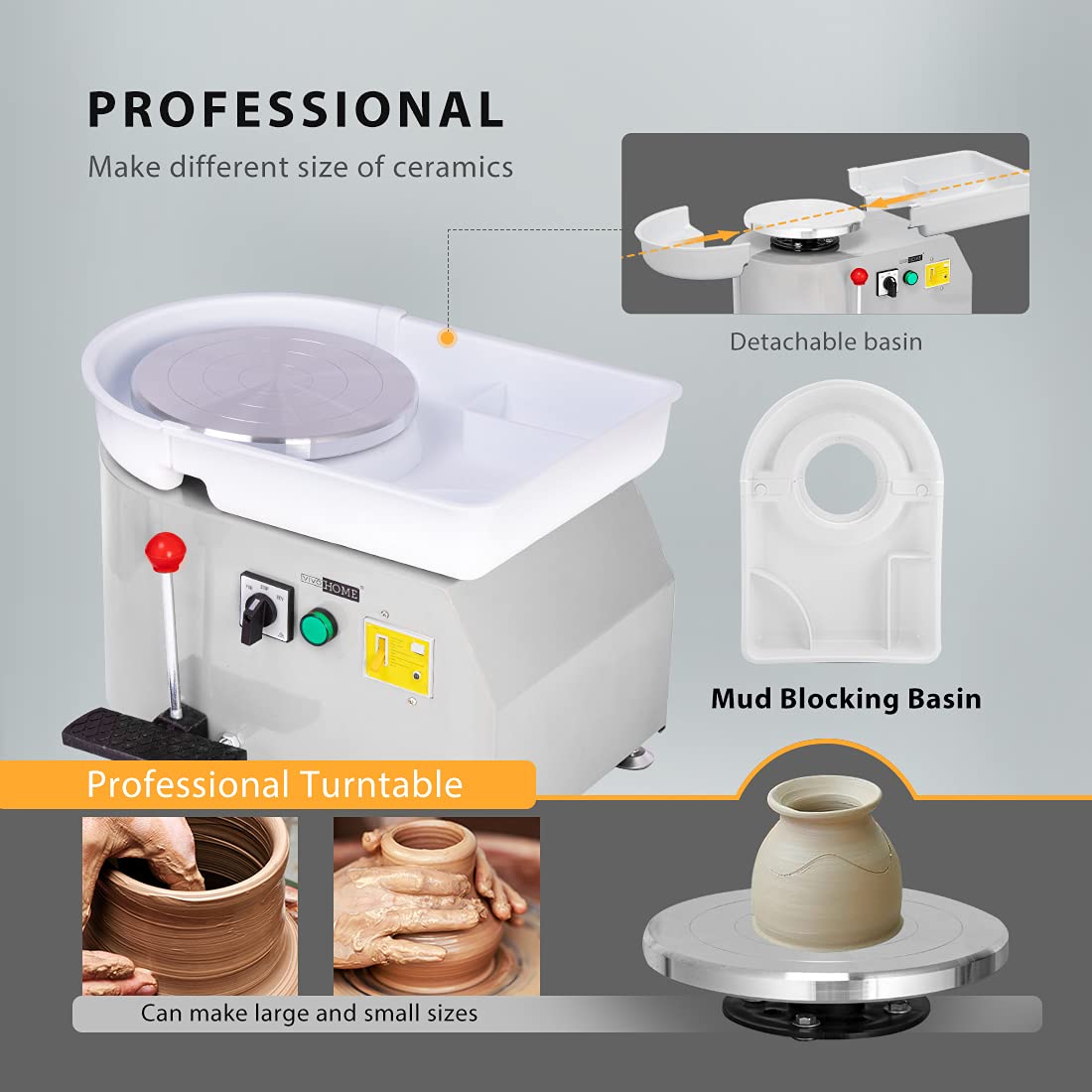VIVOHOME 25CM 350W Electric Pottery Wheel with Foot Pedal & Detachable Basin - DIY Clay Tool for Ceramic Art, Sculpting, and Crafting - Perfect for Beginners, Artists & Classroom Use (Gray)