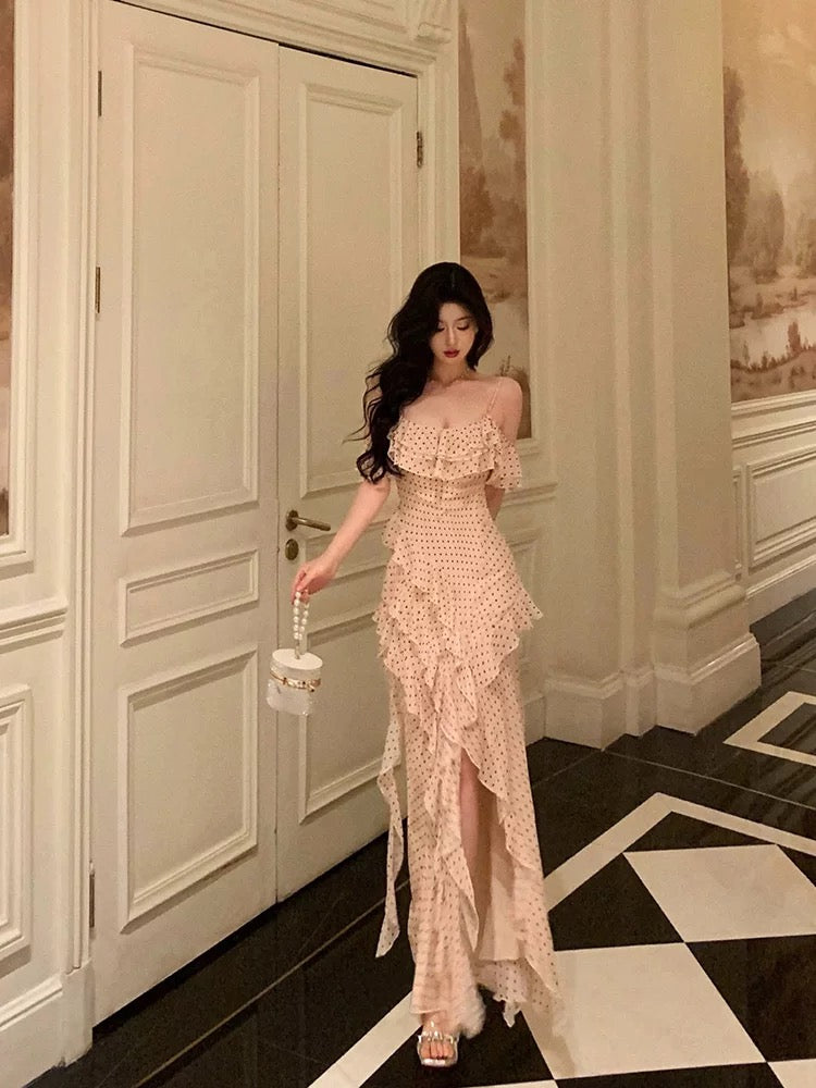 Elegant Dots Chiffon Evening Dress with Ruffles & High Slit - Formal Prom Gown J6178 for Special Occasions & Red Carpet Events