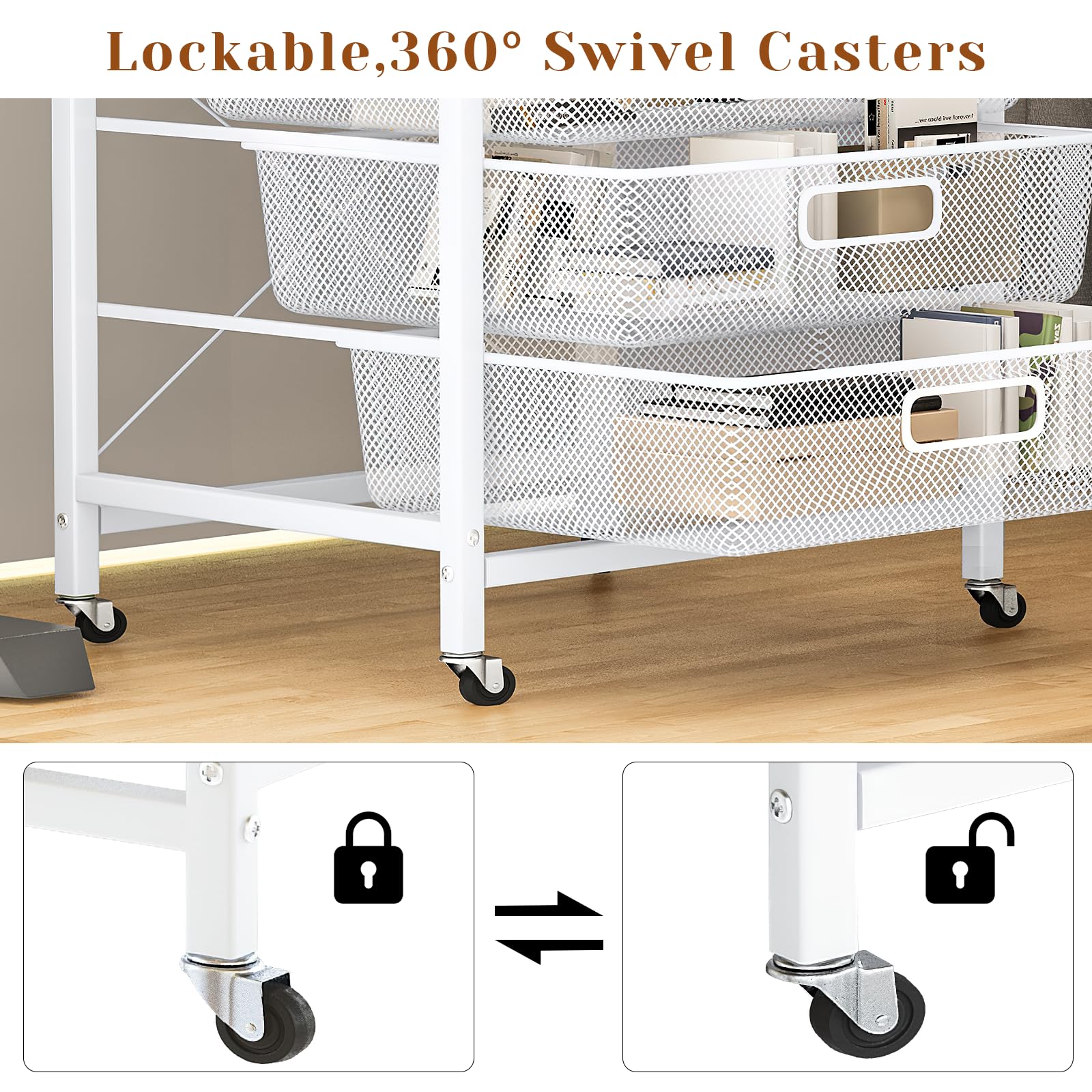 AWQM 5-Drawer Rolling File Storage Cabinet with Lockable Wheels - Mobile Office Printer Stand & Home Utility Cart in Oak & White Mesh - Perfect for Office Organization, Classroom Storage, and Home Office Use