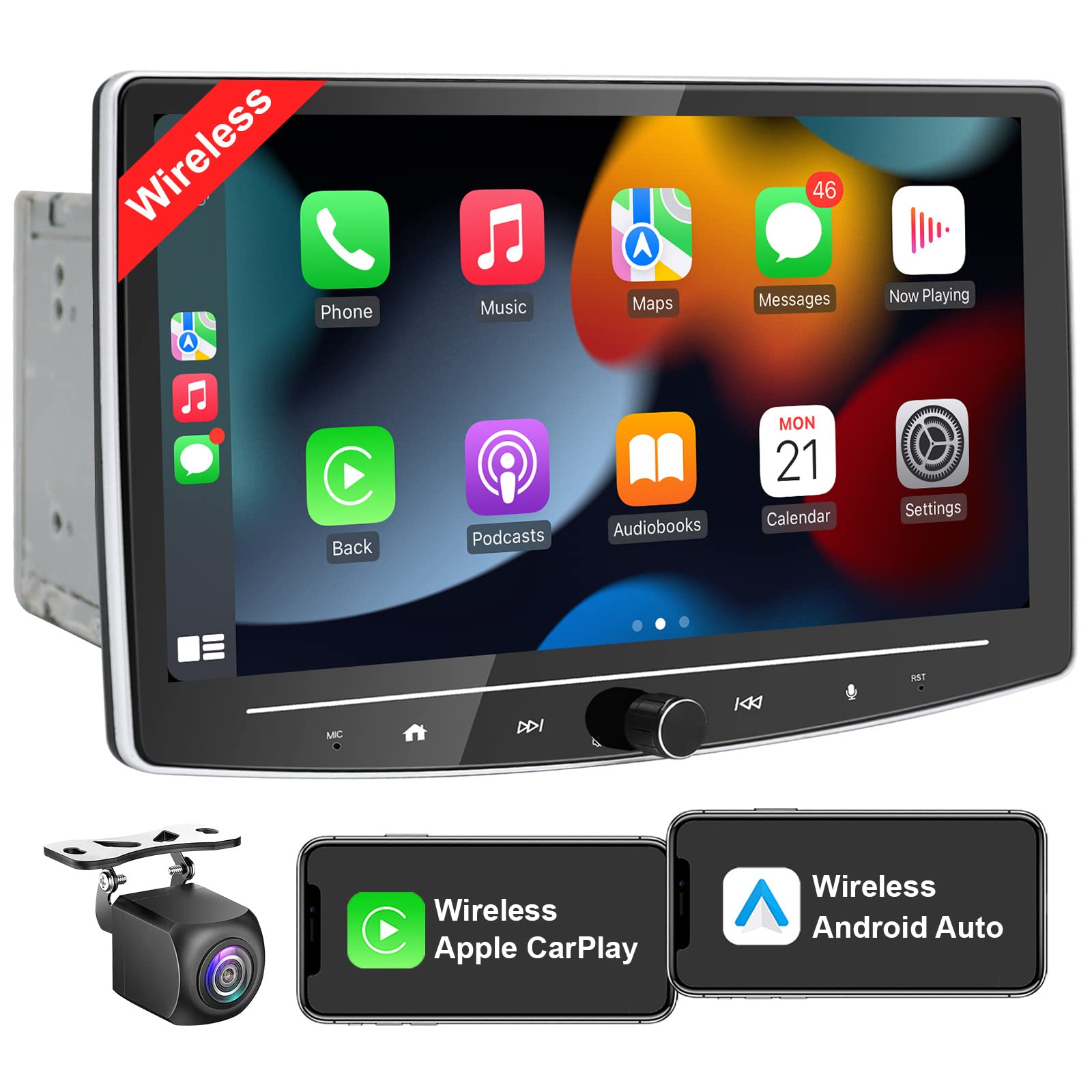 10 Inch Double Din Car Stereo with Wireless CarPlay & Android Auto - 8 Core 2+32G Touchscreen Android Car Radio, Live Rearview Camera, Detachable QLED Screen, Dual Bluetooth/WiFi/AM/FM/GPS, 5.1 Channel - Perfect for Road Trips, Commuting & Hands-Free Driving