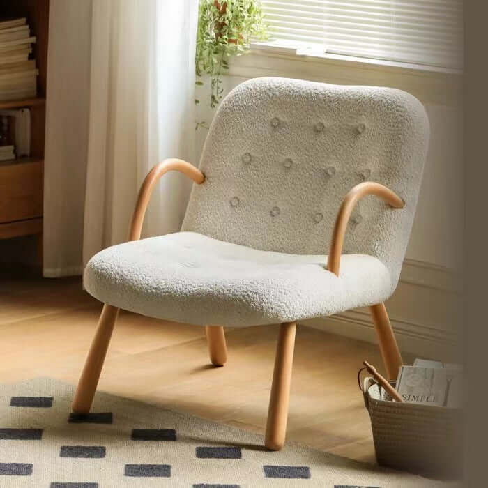 Luxury White & Green Boucle Sherpa Lounge Chair with Solid Wood Frame - Cozy Reading Nook & Living Room Accent Armchair for Modern Home Decor