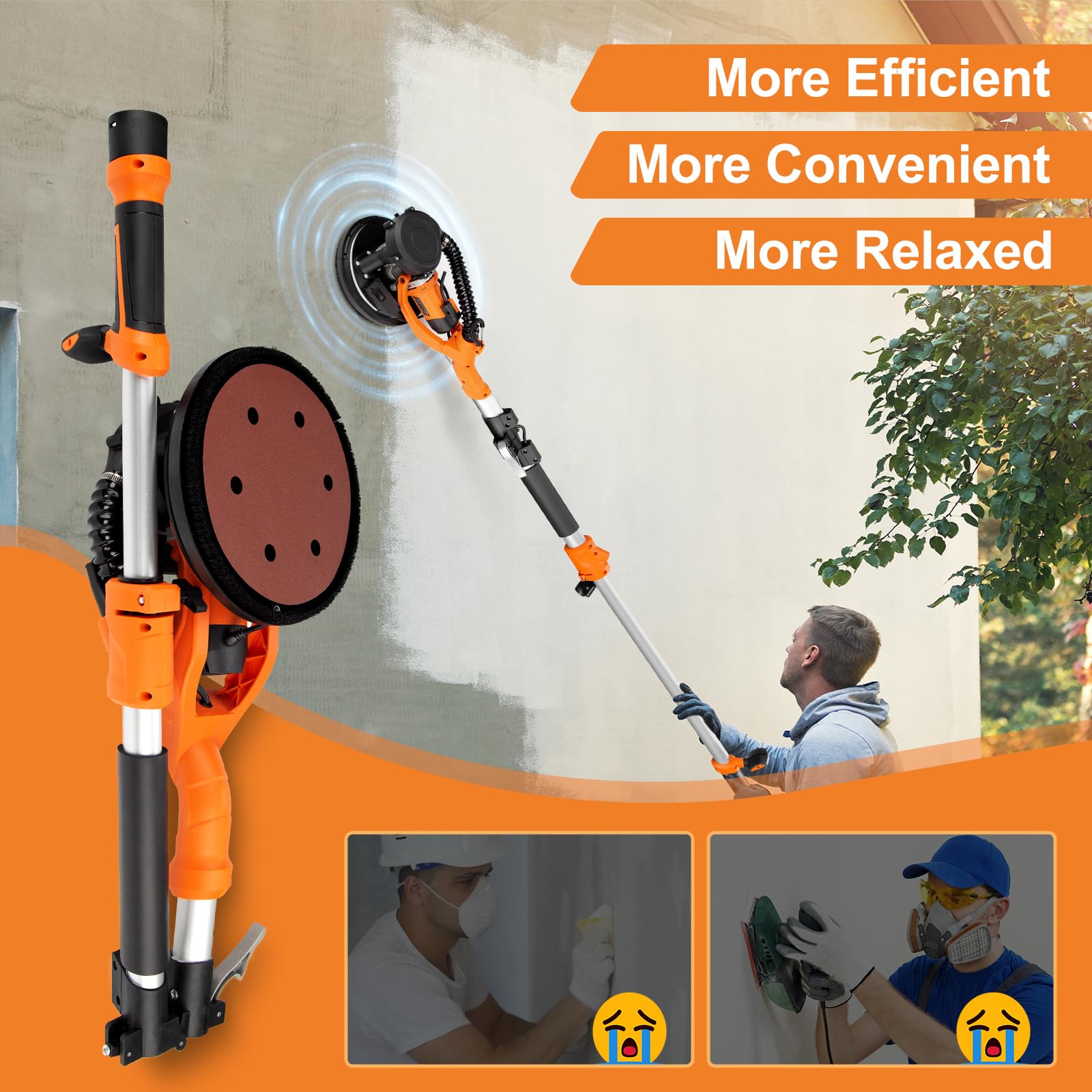 1000W Automatic Drywall Sander with Vacuum Dust Collection - Popcorn Ceiling Removal Tool, LED Light, 6-Speed Adjustable (800-2200RPM), Includes 15 Sanding Discs & Foldable Extendable Handle - Perfect for Home Renovation, Wall Repair, and DIY Projects