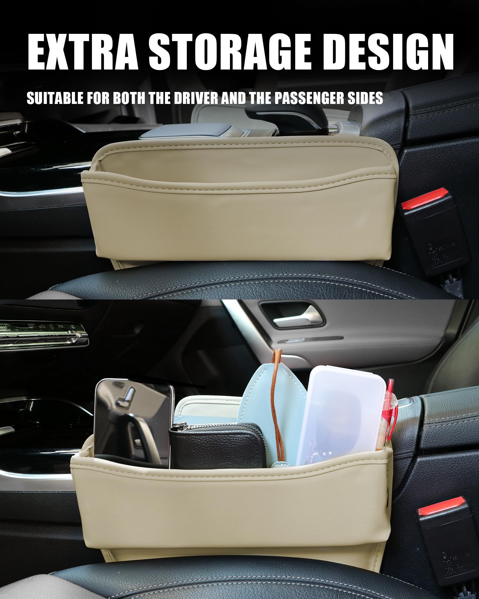 Premium 2-Pack Leather Car Seat Gap Filler Organizer - Universal Front Seat Storage for Phones, Keys, Cards & Glasses | Interior Car Accessories for Sedans, SUVs & Trucks (Beige) - Perfect for Road Trips, Commuting & Daily Driving