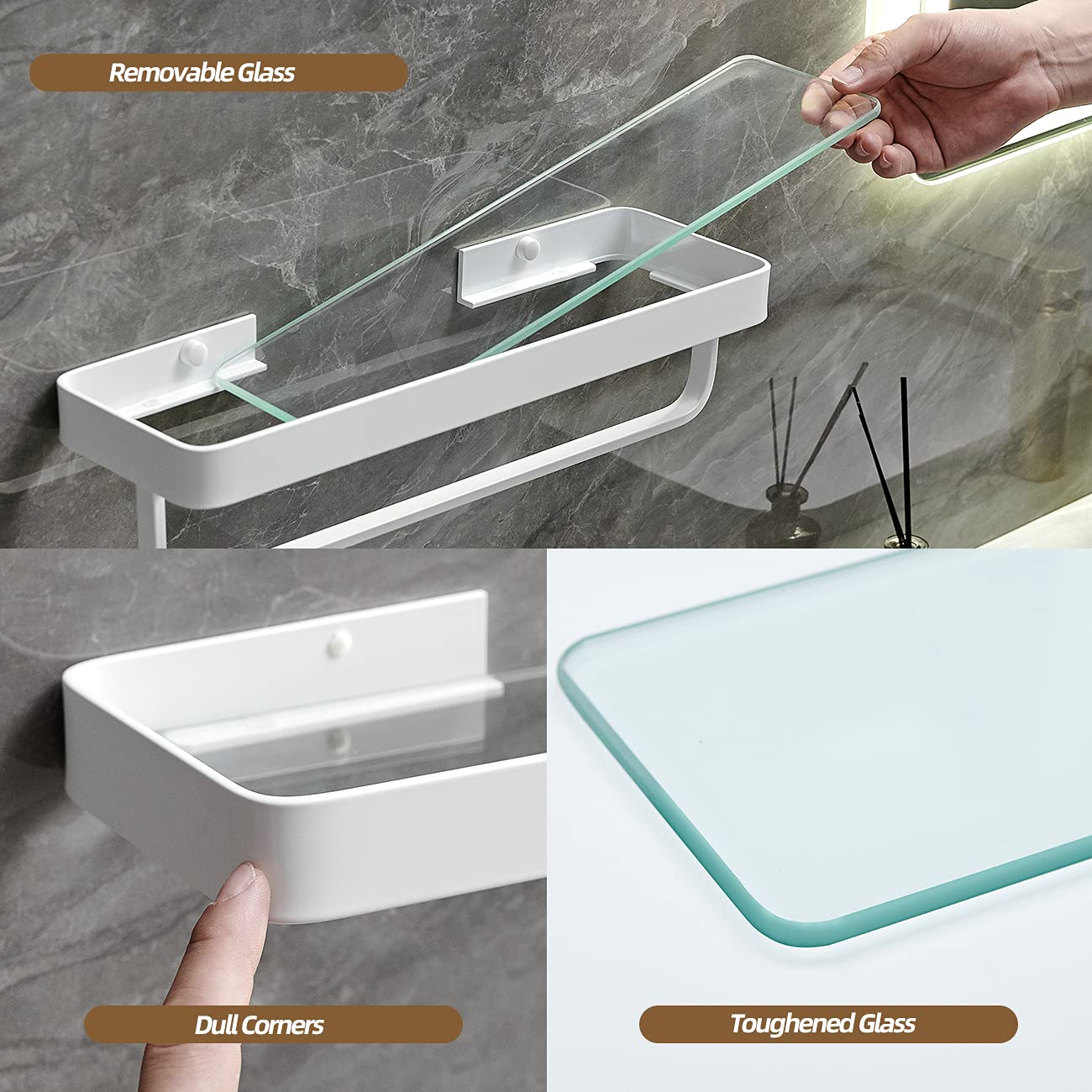VOLPONE 2-Tier Wall Mounted Bathroom Shelves - Tempered Glass Floating Shelf for Shower, Toiletries & Organizer - White - Perfect for Small Bathrooms & Modern Home Decor