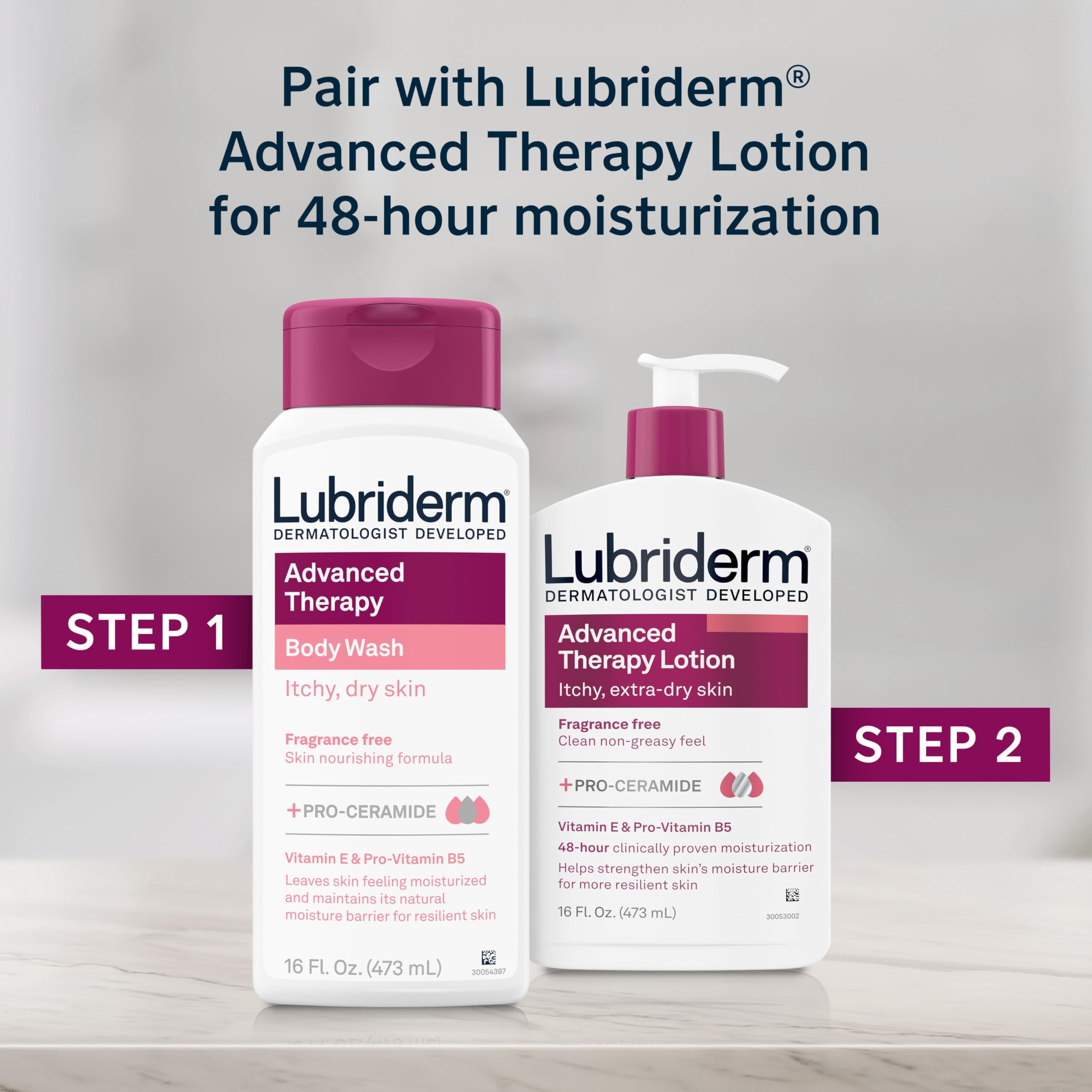 Lubriderm Advanced Therapy Body Wash - Unscented Nourishing Cleanser with Pro-Ceramide, Vitamin E & B5 for Dry, Itchy Skin Relief | Fragrance-Free, Hypoallergenic Formula | 16 fl oz | Perfect for Sensitive Skin & Daily Moisturizing Care