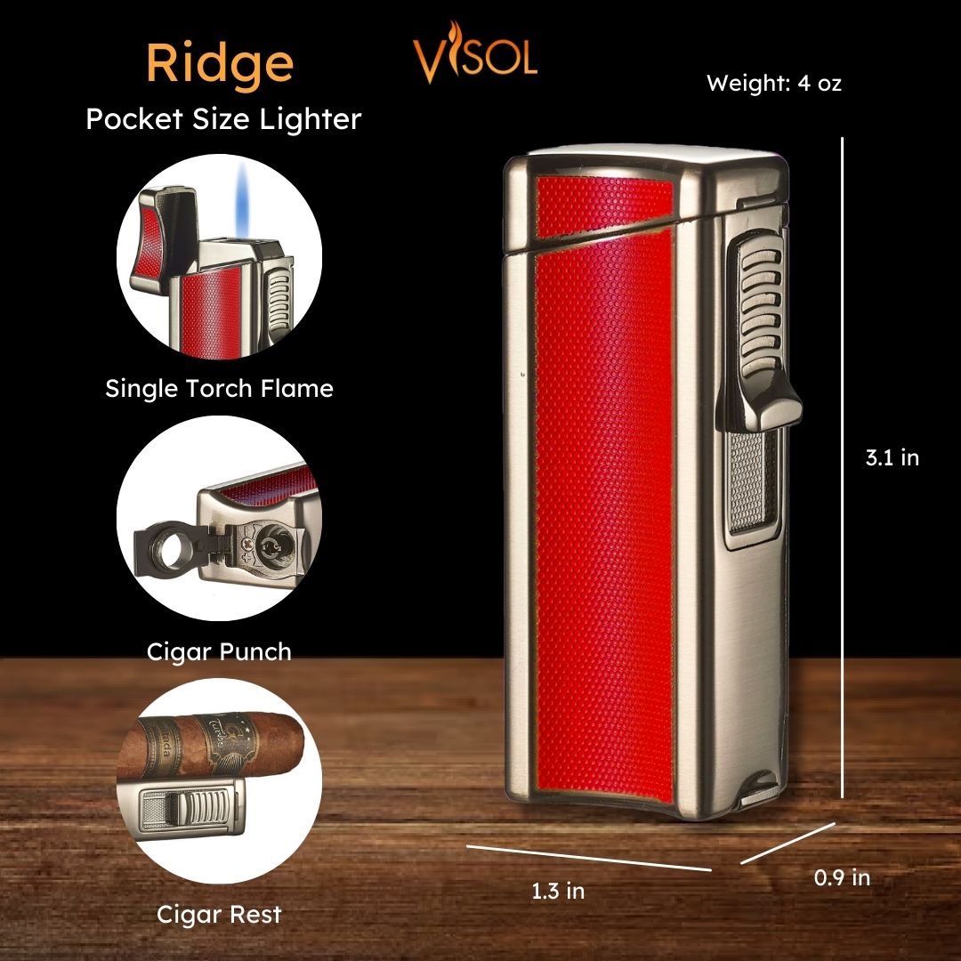 Visol Ridge Red Single Flame Torch Lighter with Cigar Rest - Windproof Refillable Butane Lighter for Cigars, Cigarettes & Outdoor Use - Perfect for Camping, BBQ & Smoking Accessories