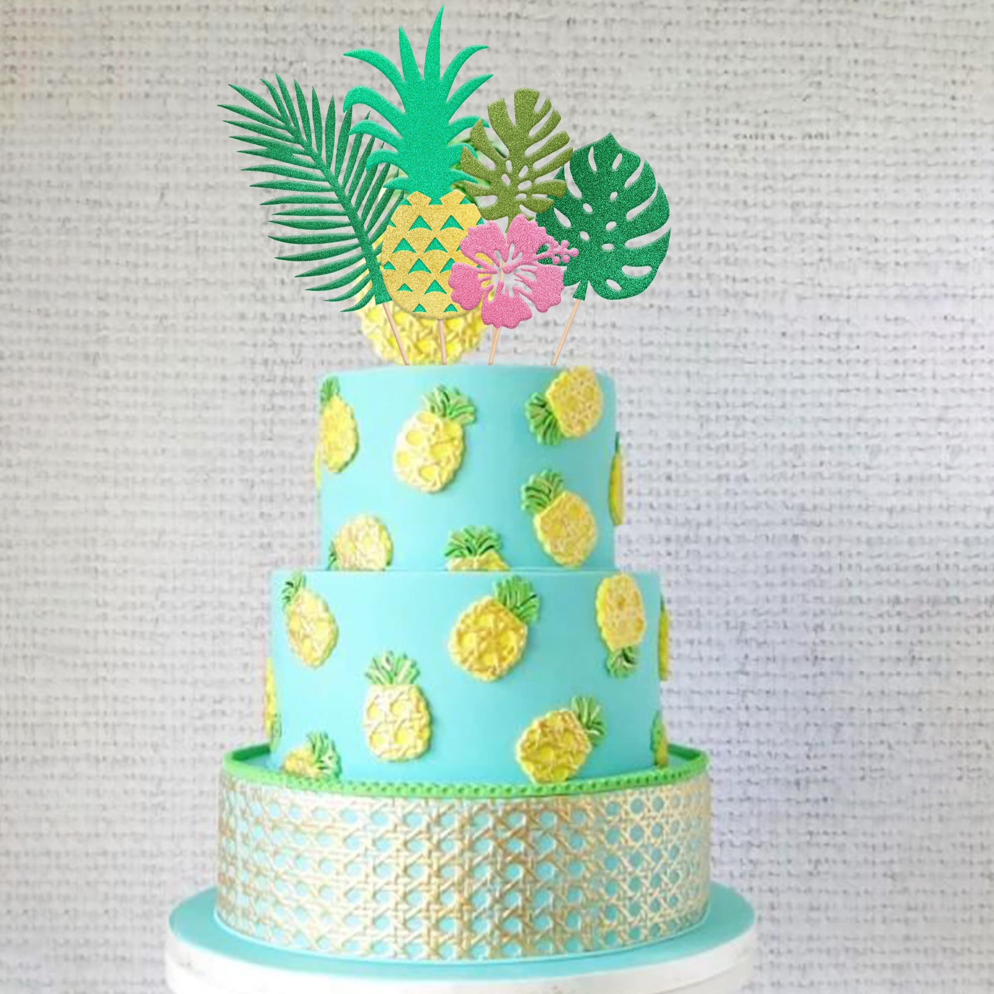 5 PCS Tropical Cake Toppers - Glitter Flower Pineapple Cake Picks with Greenery Palm Leaf Decor for Summer, Hawaii Luau, Baby Shower & Birthday Parties - Perfect for Beach Themed Celebrations and Tropical Dessert Displays