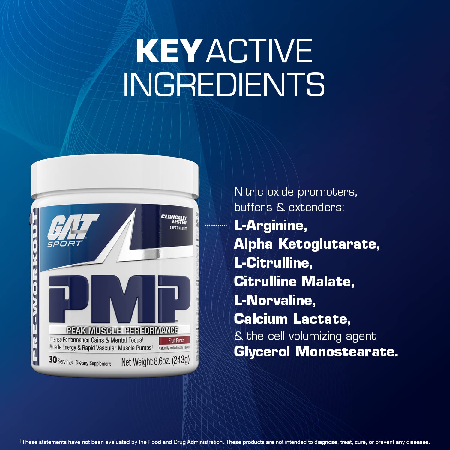 GAT SPORT PMP Peak Muscle Performance Pre-Workout Powder - 30 Servings Fruit Punch Flavor for Energy & Focus - Ideal for Gym, Bodybuilding & Fitness Training
