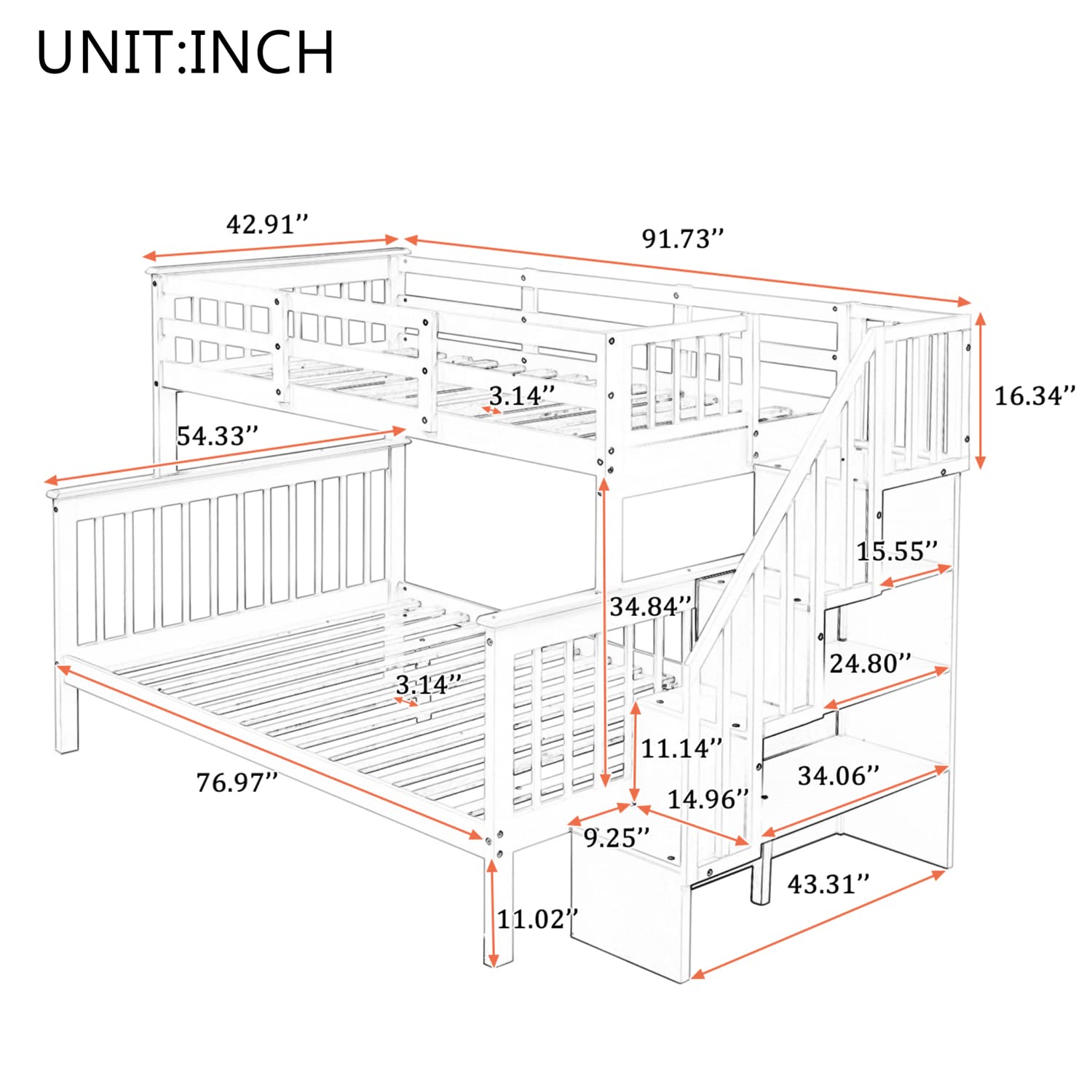 Upgraded Solid Wood Twin Over Full Bunk Bed with Storage Stairs & 4 Shelves | Convertible to 2 Separate Beds | Safety Guard Rail | No Box Spring Needed | Perfect for Kids & Teens Bedrooms, Guest Rooms & Small Spaces (White)