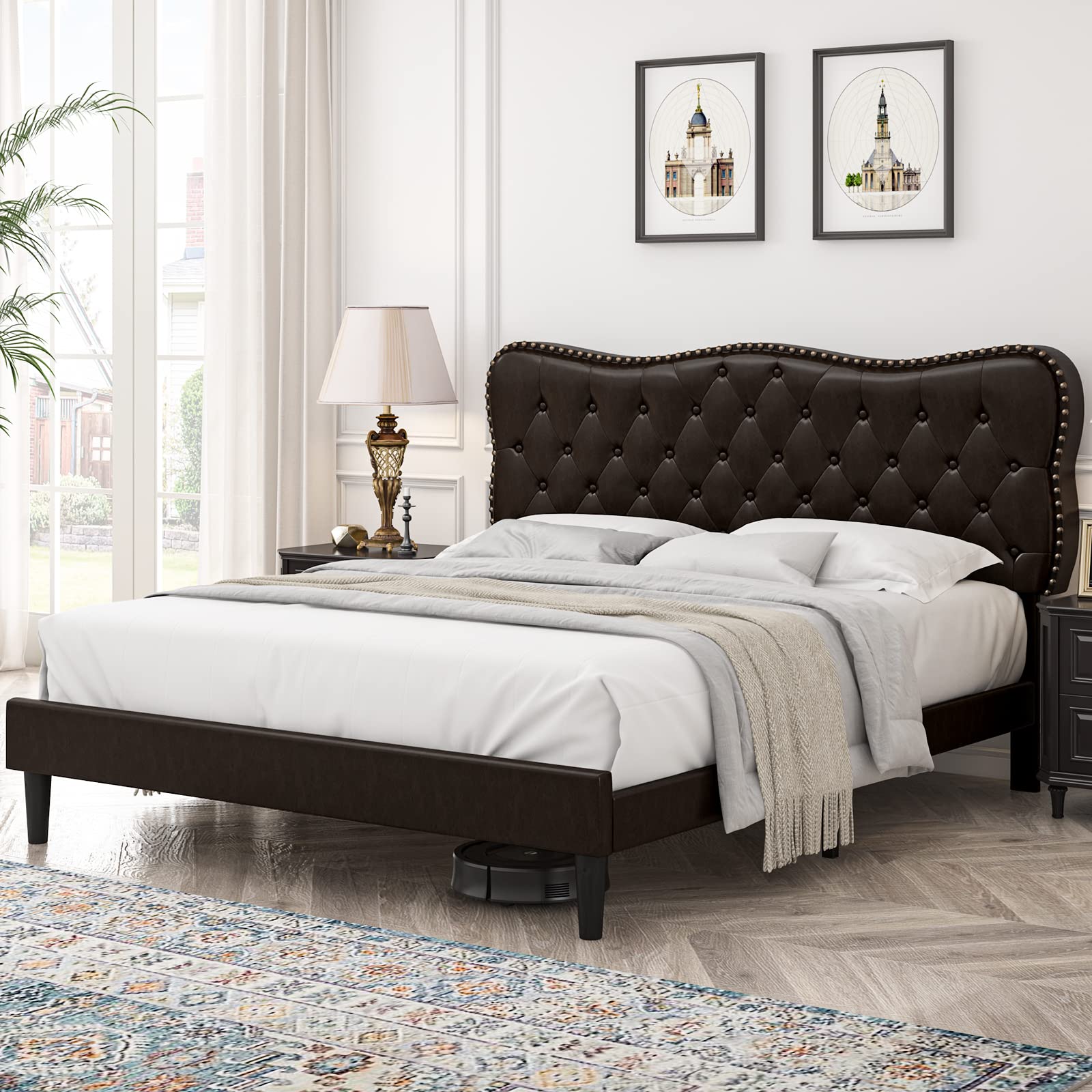 HOSTACK Queen Size Bed Frame - Classic Deluxe Faux Leather Upholstered Platform Bed with Adjustable Headboard, Button Tufted Mattress Foundation & Wood Slats Support, No Box Spring Needed, Black Brown - Perfect for Master Bedrooms, Guest Rooms & Modern Apartments