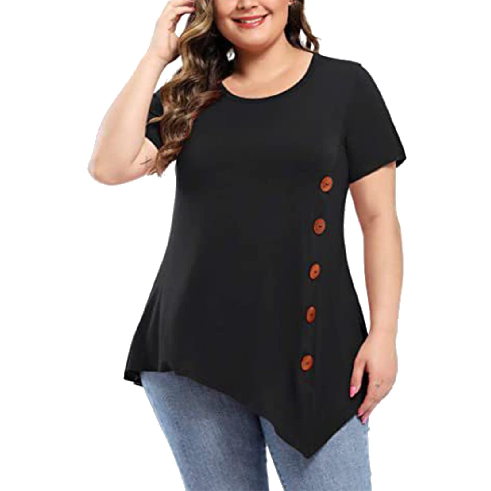 Women's Summer Tops - Casual Scoop Neck Short Sleeve T-Shirts | Solid Color Asymmetrical Pleated Tunic Tops | Plus Size Blouses for Women | Perfect for Beach, Office & Casual Outings
