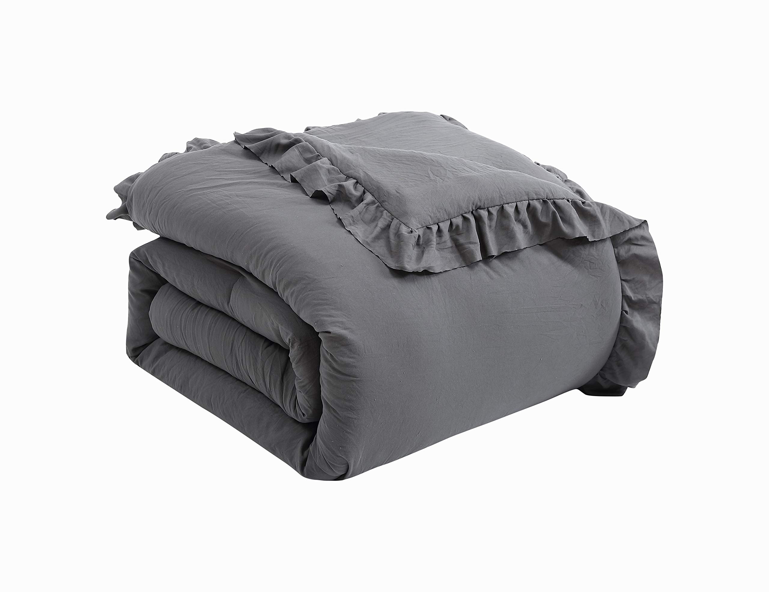 Davina 5-Piece Gray Enzyme Washed Comforter Set with 3 Decorative Pillows - Twin Size Bedding Set for Cozy Bedroom & Guest Room Decor