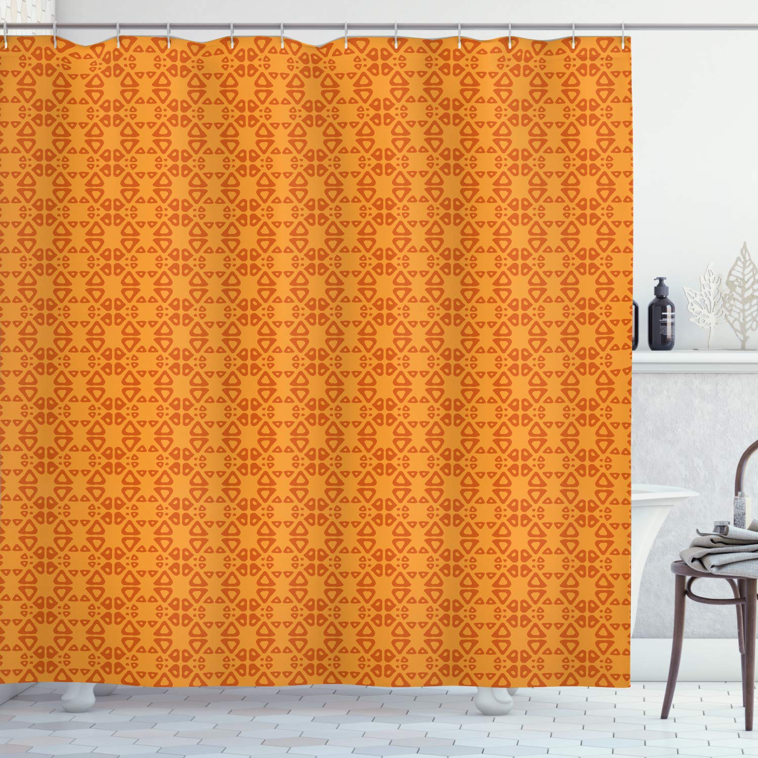 Ambesonne Abstract Tribal Shower Curtain with Triangle Motifs in Tangerine & Orange, 69x75 Inch Waterproof Fabric Bathroom Decor Set with Hooks - Perfect for Boho, Modern & Vintage Bathroom Styles (Marigold/Burnt Orange)