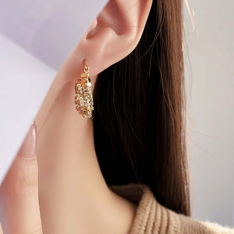 U Shaped Trillion Gold Beads Lever Back Hoop Earrings for Women | Elegant Party & Wedding Jewelry Gift | R1249