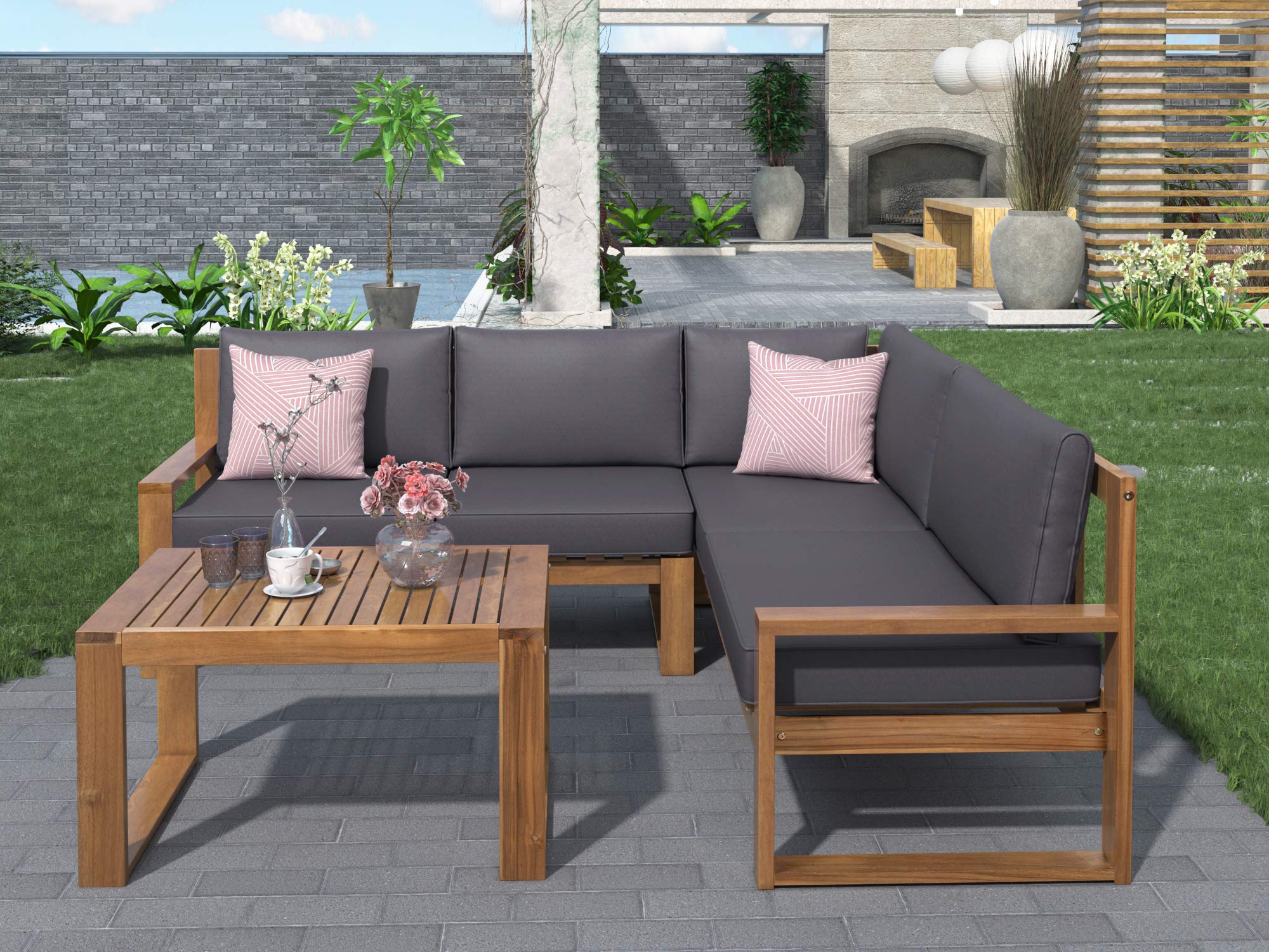 3-Piece Acacia Wood Patio Furniture Set with Cushions & Coffee Table - Outdoor Sectional Sofa for Garden, Deck, or Indoor Use - Durable Conversation Set for Relaxing and Entertaining