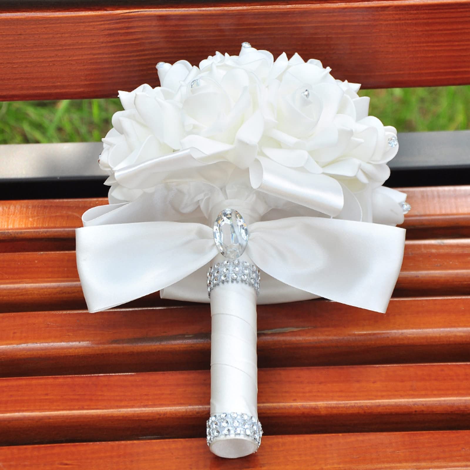 Artificial White Foam Rose Bridal Bouquet with Diamond Satin Ribbon Handle - Elegant Wedding, Engagement & Party Flowers for Brides, Bridesmaids & Decor