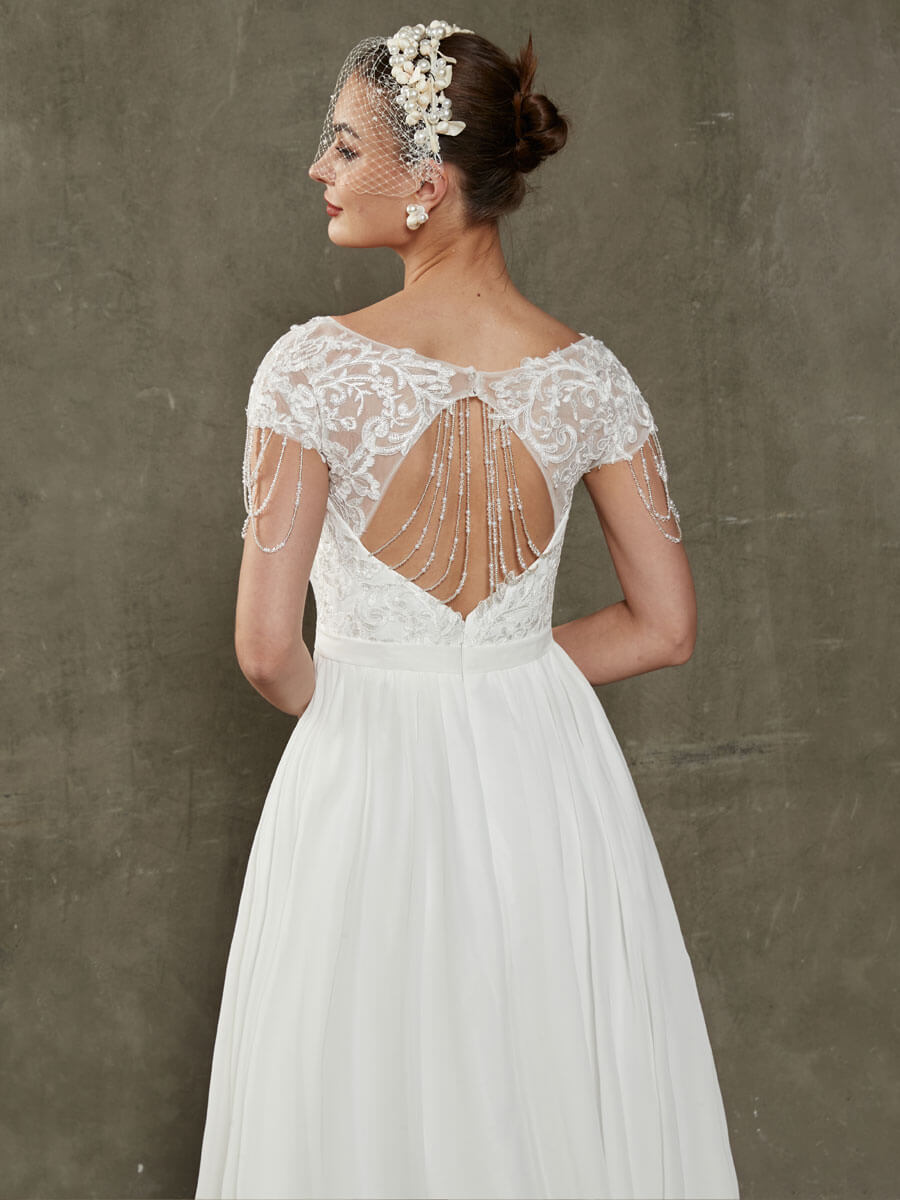 Elegant Chiffon Short Cap Sleeve Wedding Dress with Lace Tassels - Flowy Bridal Gown for Beach, Garden & Outdoor Ceremonies