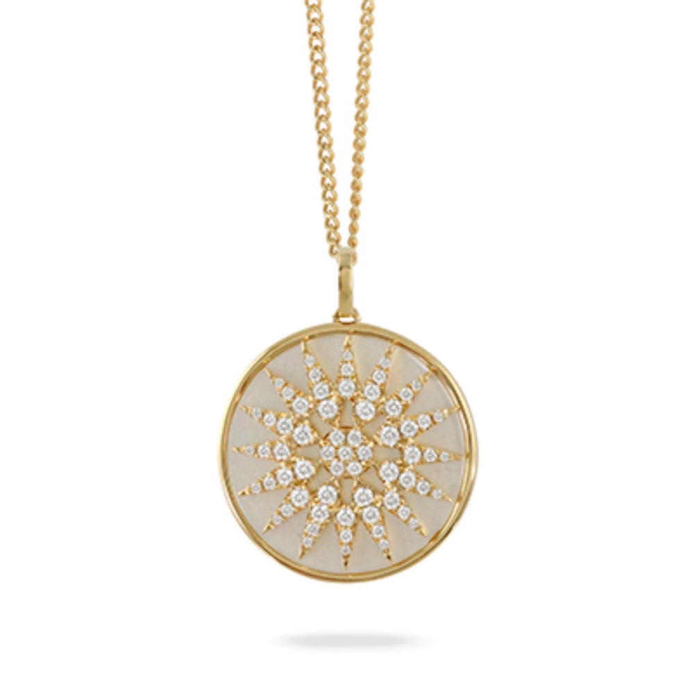 18K Gold Diamond Starburst Pendant Necklace with White Mother of Pearl - Elegant Jewelry Gift for Women, Perfect for Weddings, Anniversaries & Special Occasions