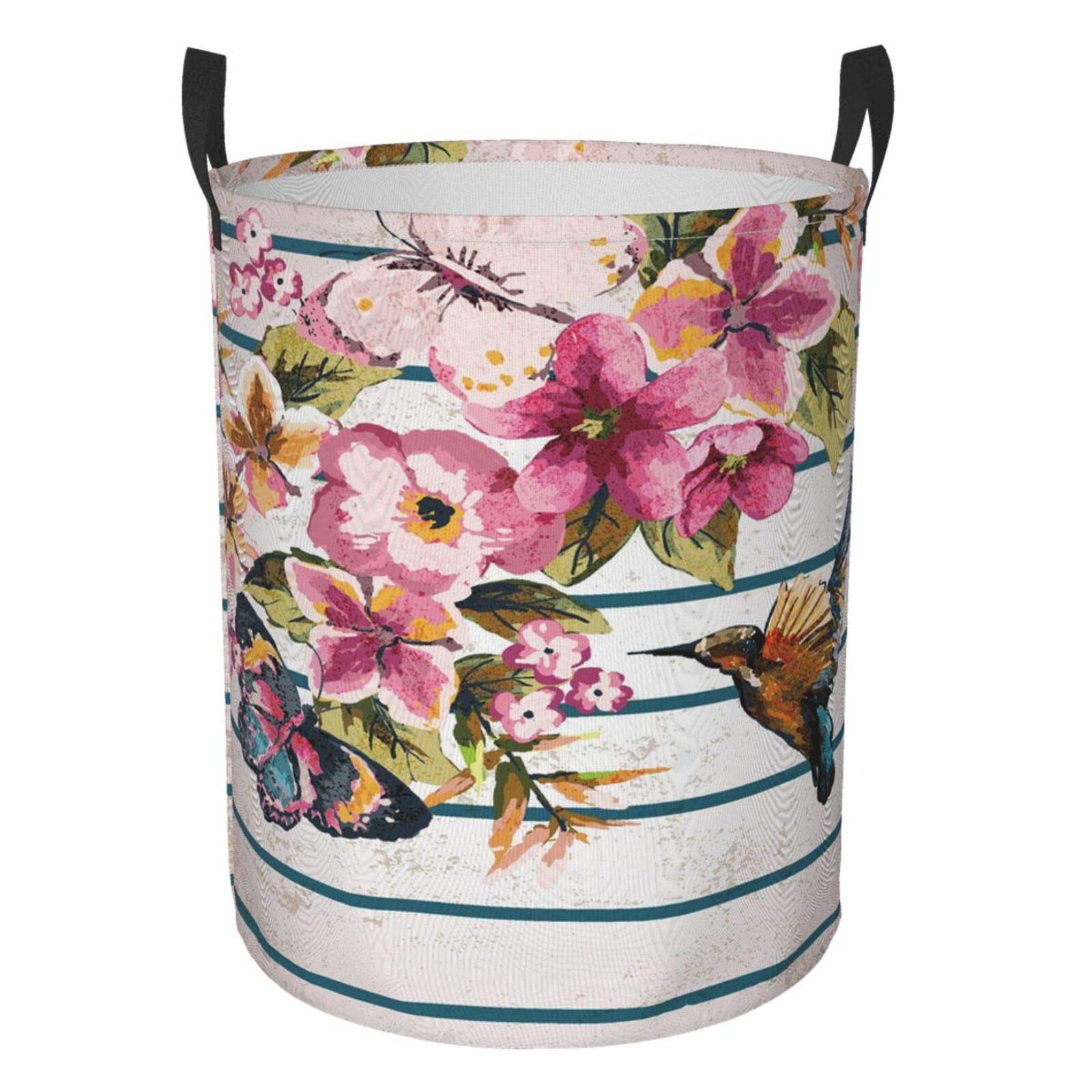 FeHuew Collapsible Laundry Basket with Handle - Waterproof Fabric Hamper for Clothes, Toys & Storage | Foldable Organizer Bin for Bathroom, Bedroom & Nursery (Bird & Butterfly Floral Design) - Perfect for Laundry Room, Dorm & Small Spaces