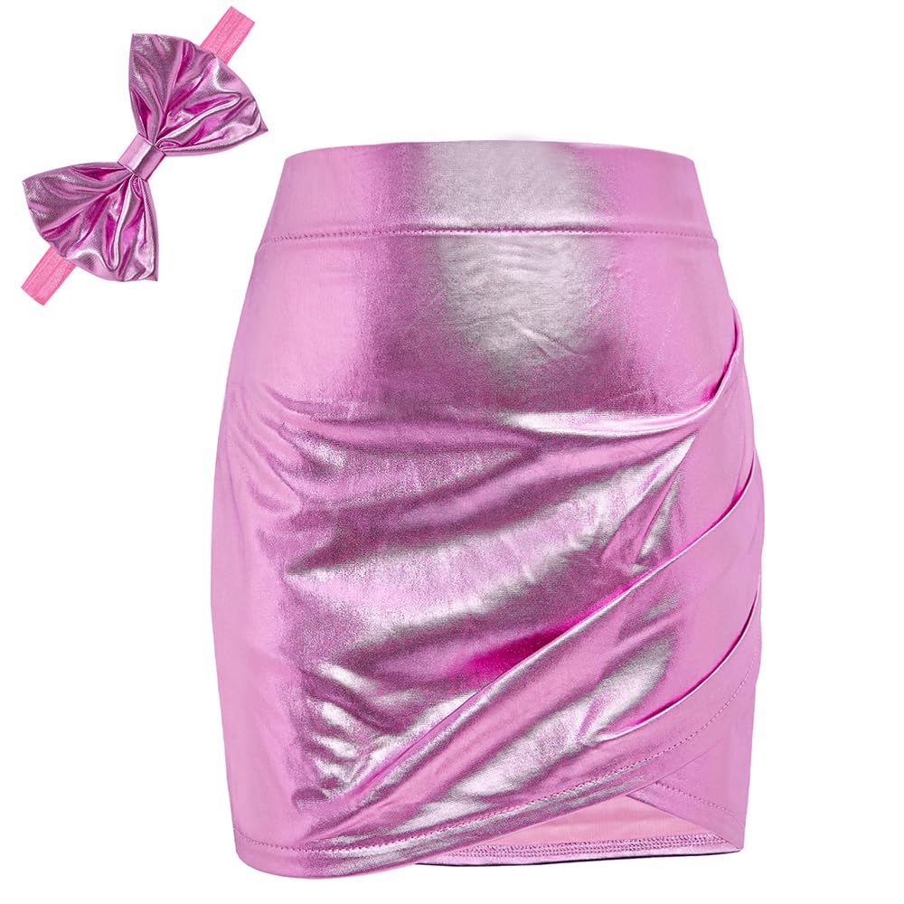 Sparkly Metallic PU Faux Leather Ruched Mini Skirt for Toddler Girls | Shiny Party Dress Skirt with Matching Headband | Perfect for Birthday Parties, Photo Shoots & Special Occasions