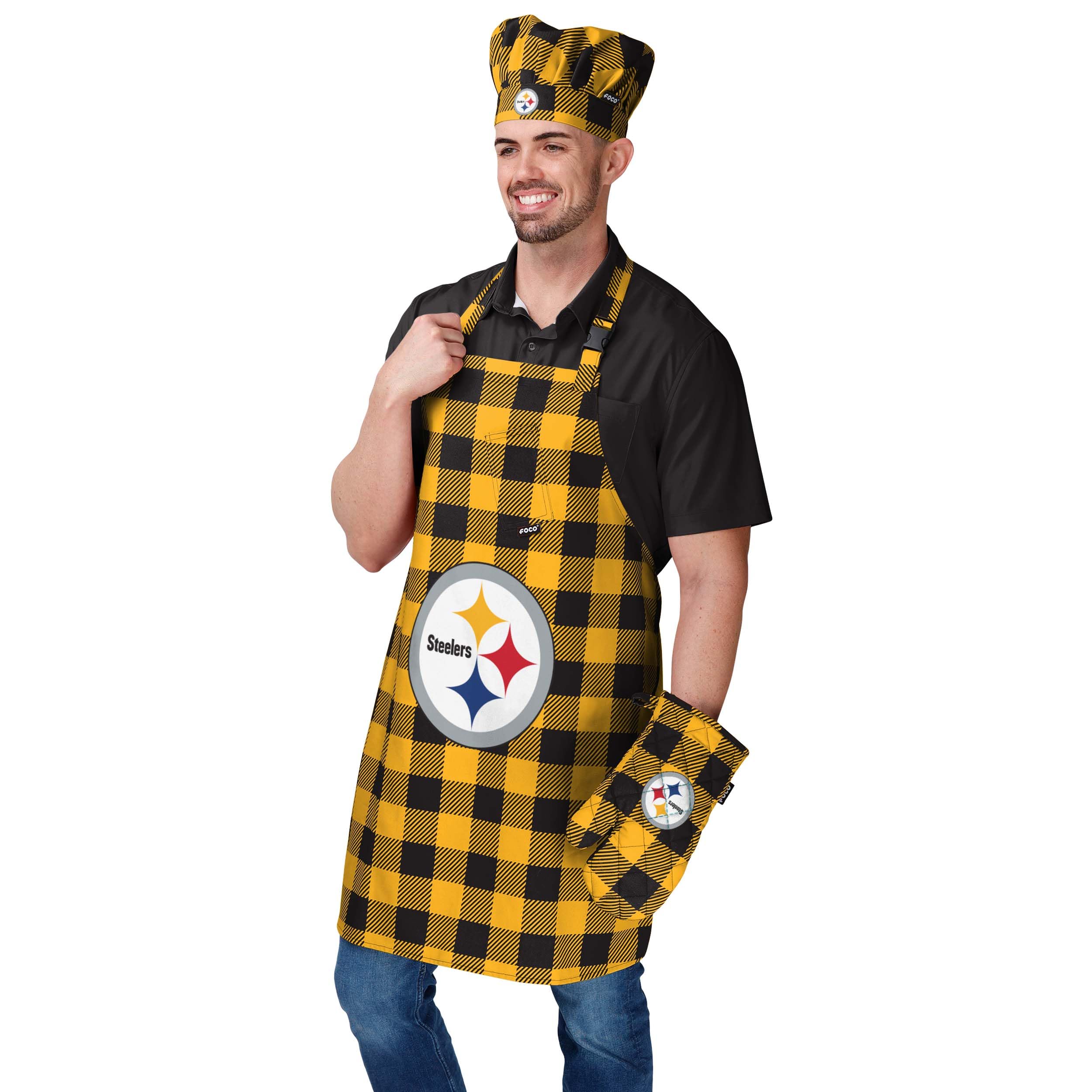FOCO NFL Plaid Apron with Chef Hat & Oven Mitt 3-Piece Cooking Set - Perfect for Game Day Tailgating, BBQ Parties & Home Kitchen Use