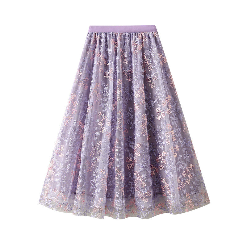 Embroidered Mesh Midi Skirt for Women - Floral Lace Summer Skirt with High Waist, A-Line Design - Perfect for Beach, Party, and Casual Outfits
