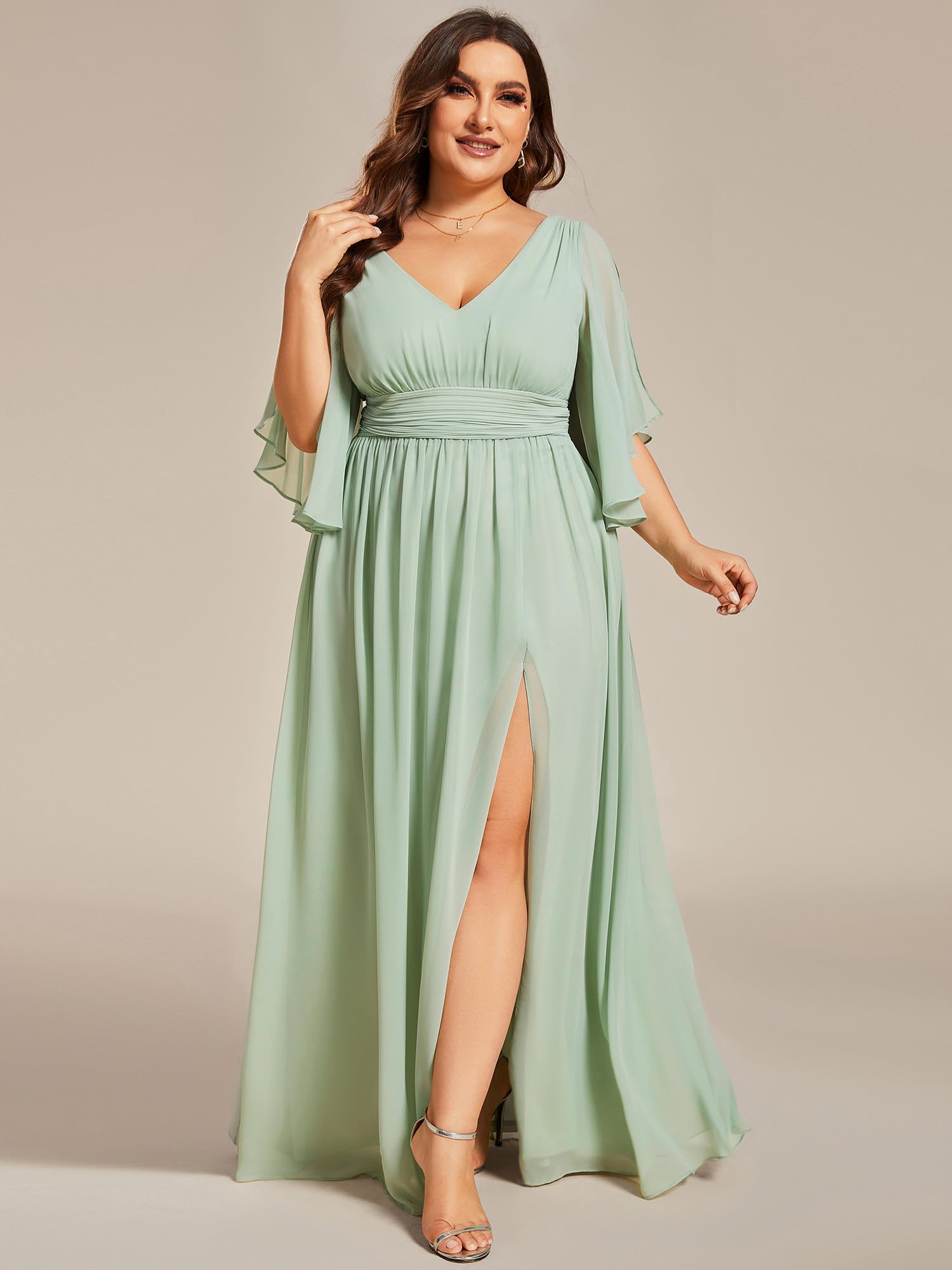 Ever-Pretty Plus Size Women's V-Neck A-Line Floor-Length Bridesmaid Dress with Slit & Half Sleeves (Style 01886-DA) - Perfect for Weddings, Formal Events & Special Occasions