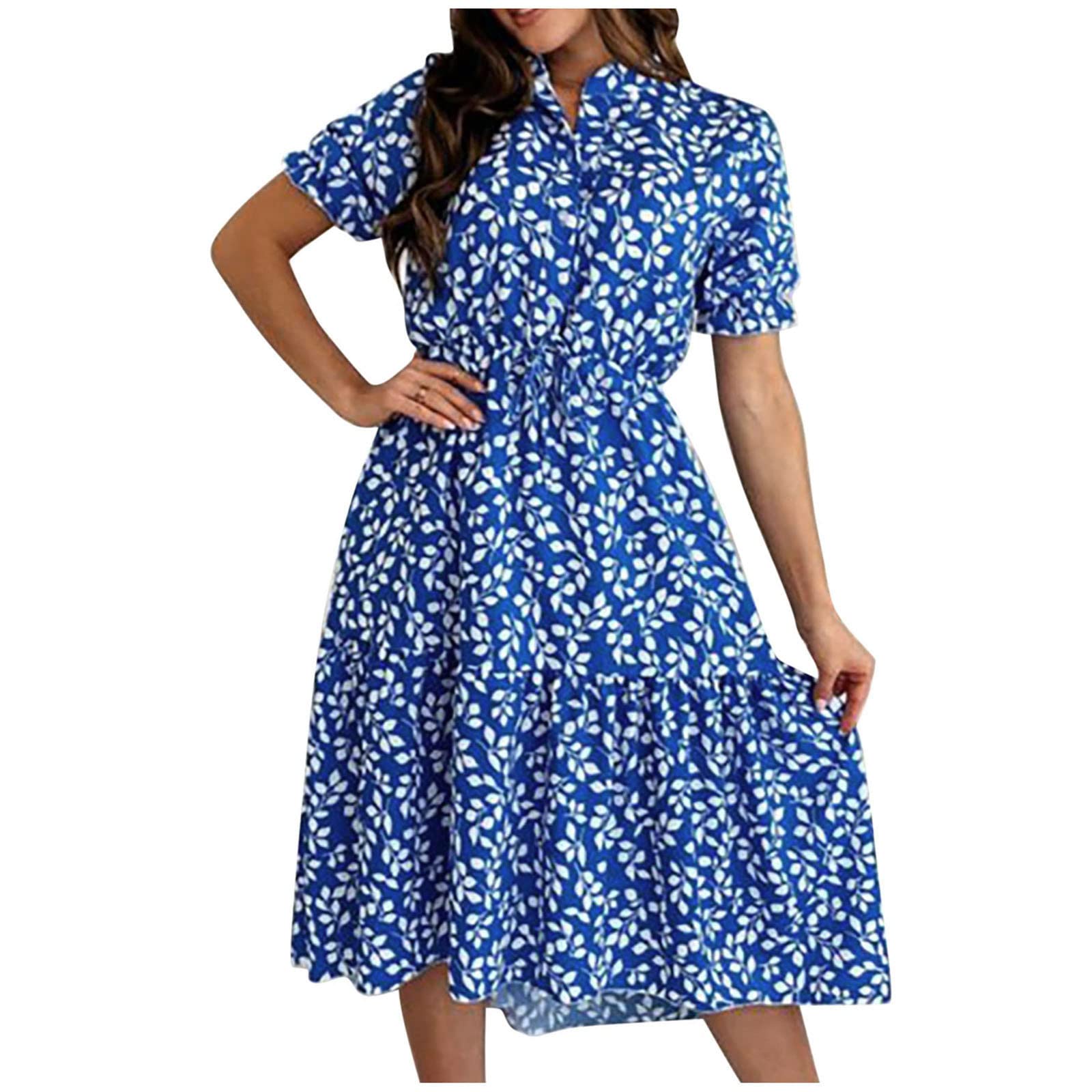 Women's Floral Print V-Neck Ruffle Midi Dress - Boho Summer Short Sleeve Casual Dress for Beach, Vacation & Outdoor Parties