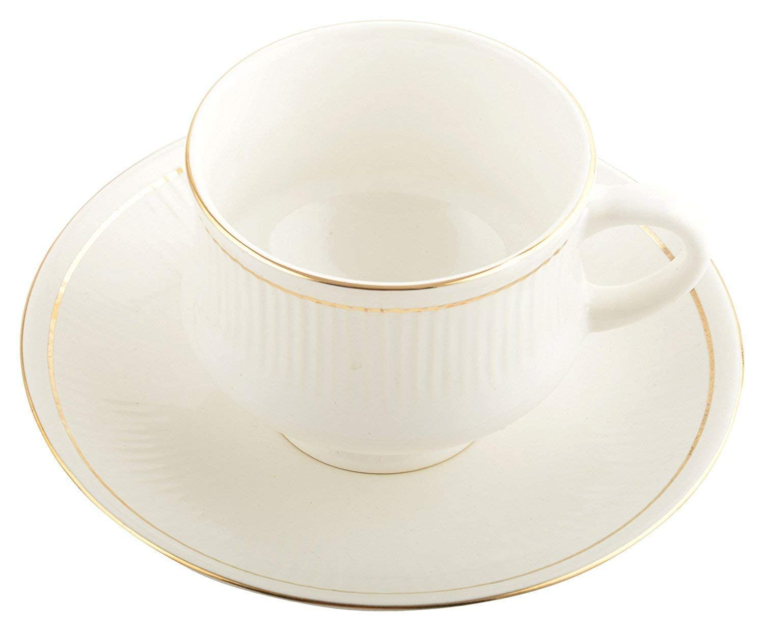 Premium Bone China Tea Cup and Saucer Set - 12 Piece Fine Porcelain Tableware with Gold Trim (6 Cups & 6 Saucers, 140ml) - Perfect for Afternoon Tea, Bridal Showers, and Elegant Dinner Parties