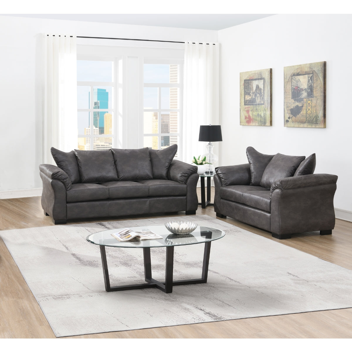 Charcoal Microfiber Sofa with Reversible Cushions & Flared Arms - Modern Living Room Furniture for Small Spaces & Apartments