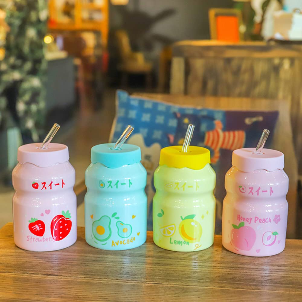 Kawaii Ceramic Mug Set of 4 with Silicone Lid & Straw - Cute Kawaii Water Bottles for Kids, Teens, Adults - Perfect for Home, Office, School, Travel & Gift Giving (Fruit Design)