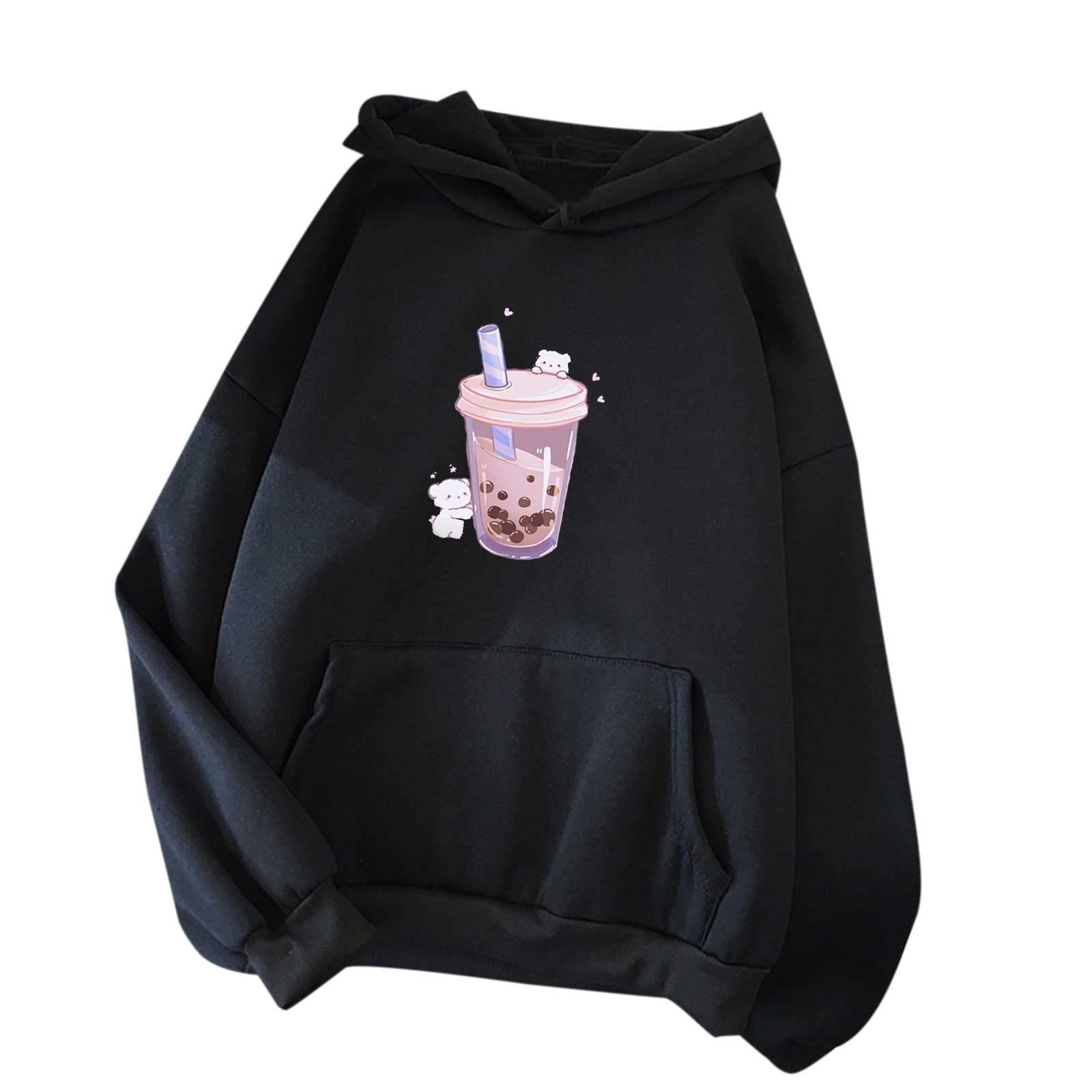 Women's Cute Bear Milk Tea Print Long Sleeve Hoodie - Loose Comfortable Pullover Sweatshirt with Drawstring Hood & Pocket | Casual Outfit, Streetwear, Loungewear