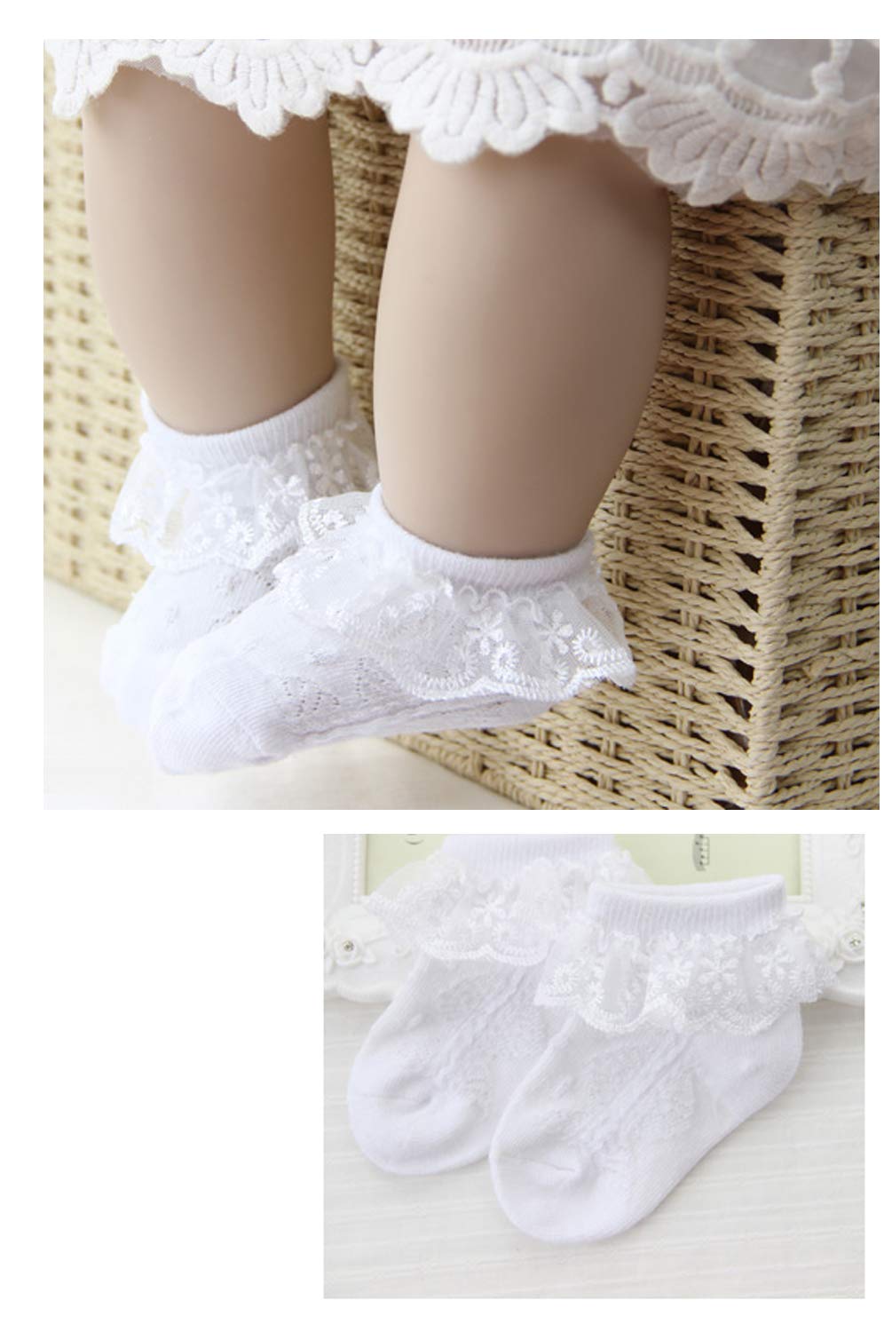 4 Pack Baby Toddler Girls Lace Cotton Socks with Eyelet Frilly Trim (0-8 Years) - Soft & Breathable for Everyday Wear, Playtime & Special Occasions