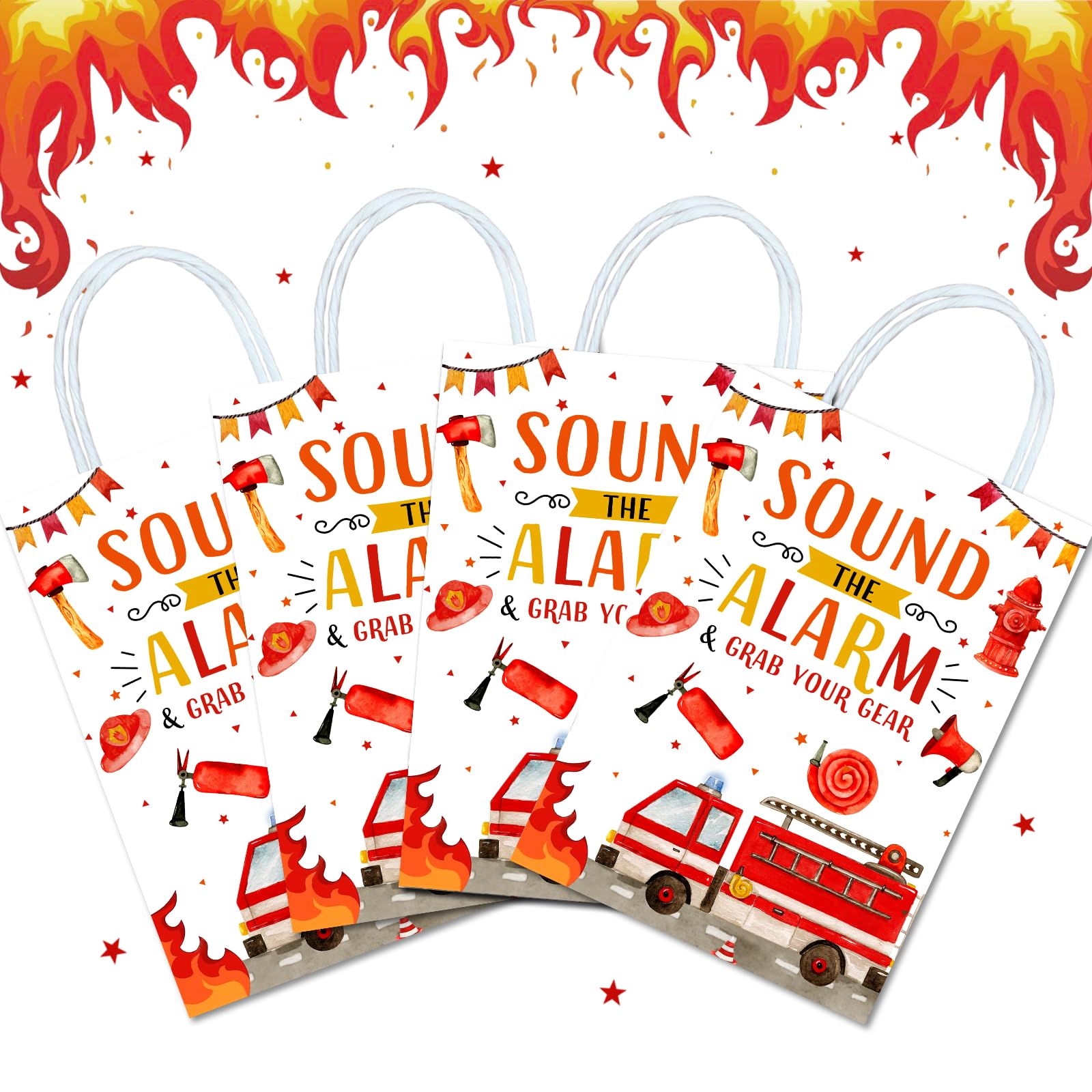16-Piece Fire Truck Goodie Bags with Handles - Fire Engine Themed Party Supplies for Kids & Adults - Perfect for Birthday Parties, Snacks, Treats & Candy Favors | Ideal for Firefighter-Themed Decorations & Events