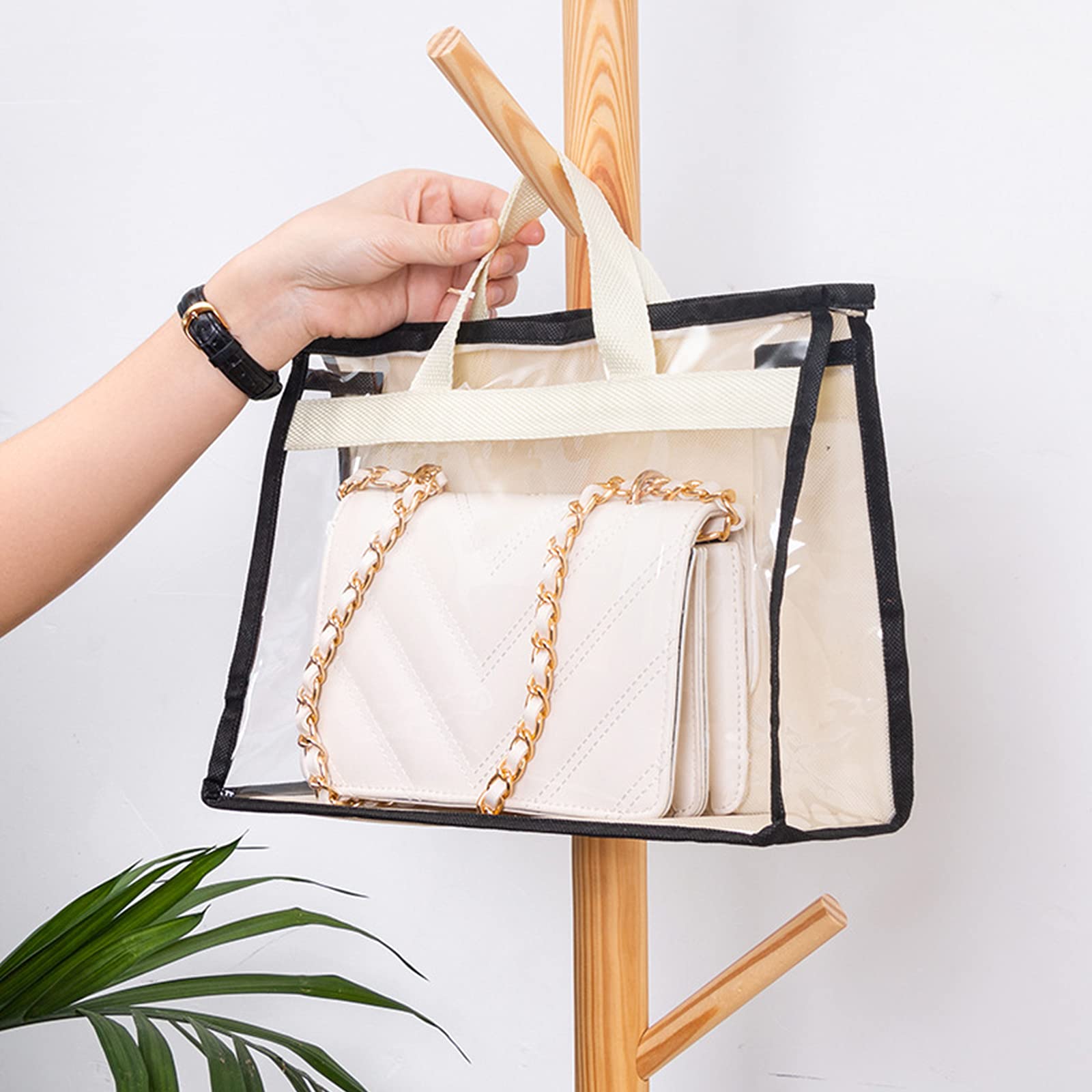 10 Pack Clear Handbag Storage Organizer with Handle & Zipper - Transparent Dustproof Purse Protector Bags for Closet Organization (Beige) | Perfect for Travel, Home Storage & Luxury Handbag Protection
