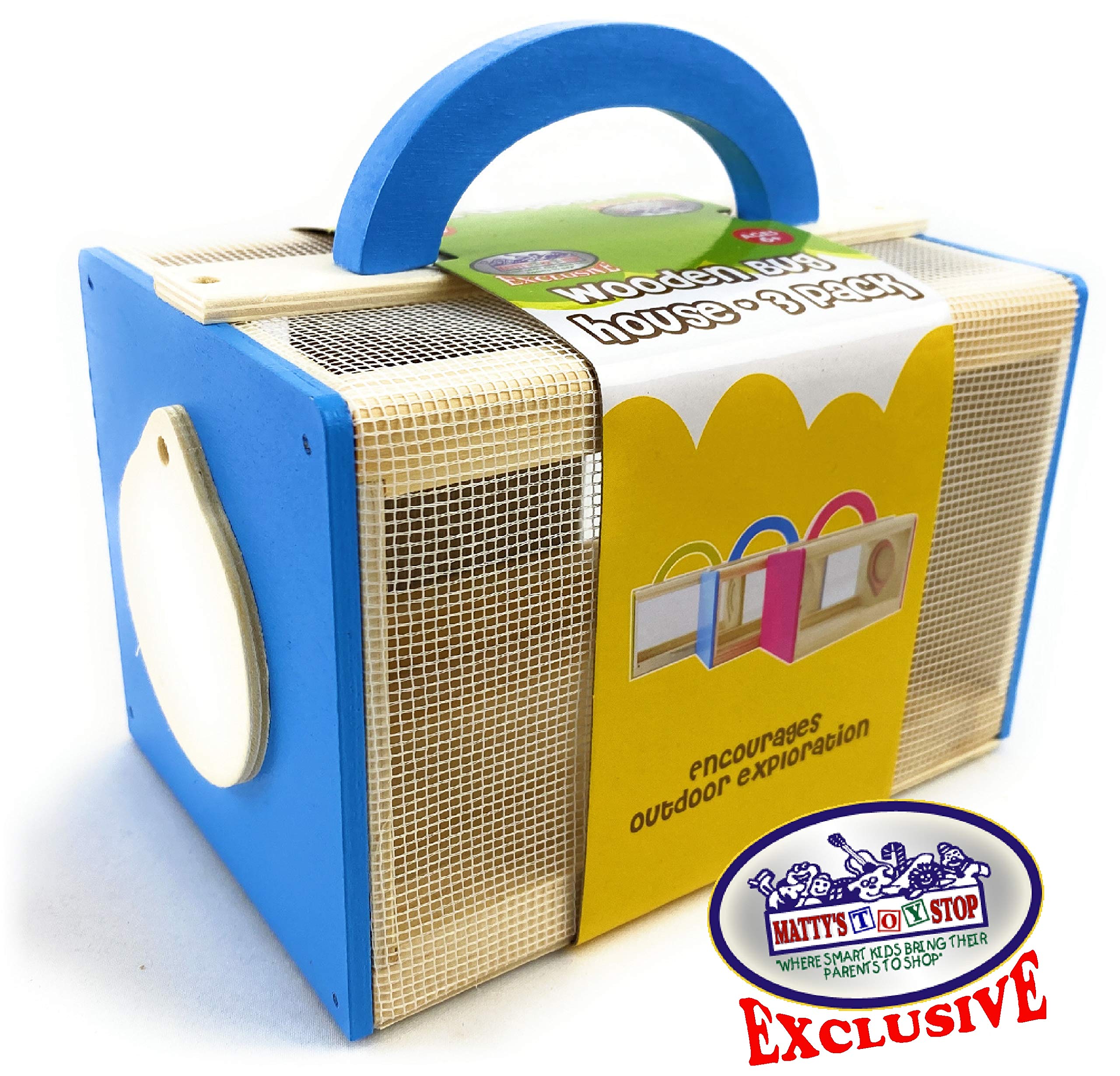 Wooden Bug House Insect Cages - 3 Pack (Blue, Red, Yellow) for Kids Outdoor Exploration