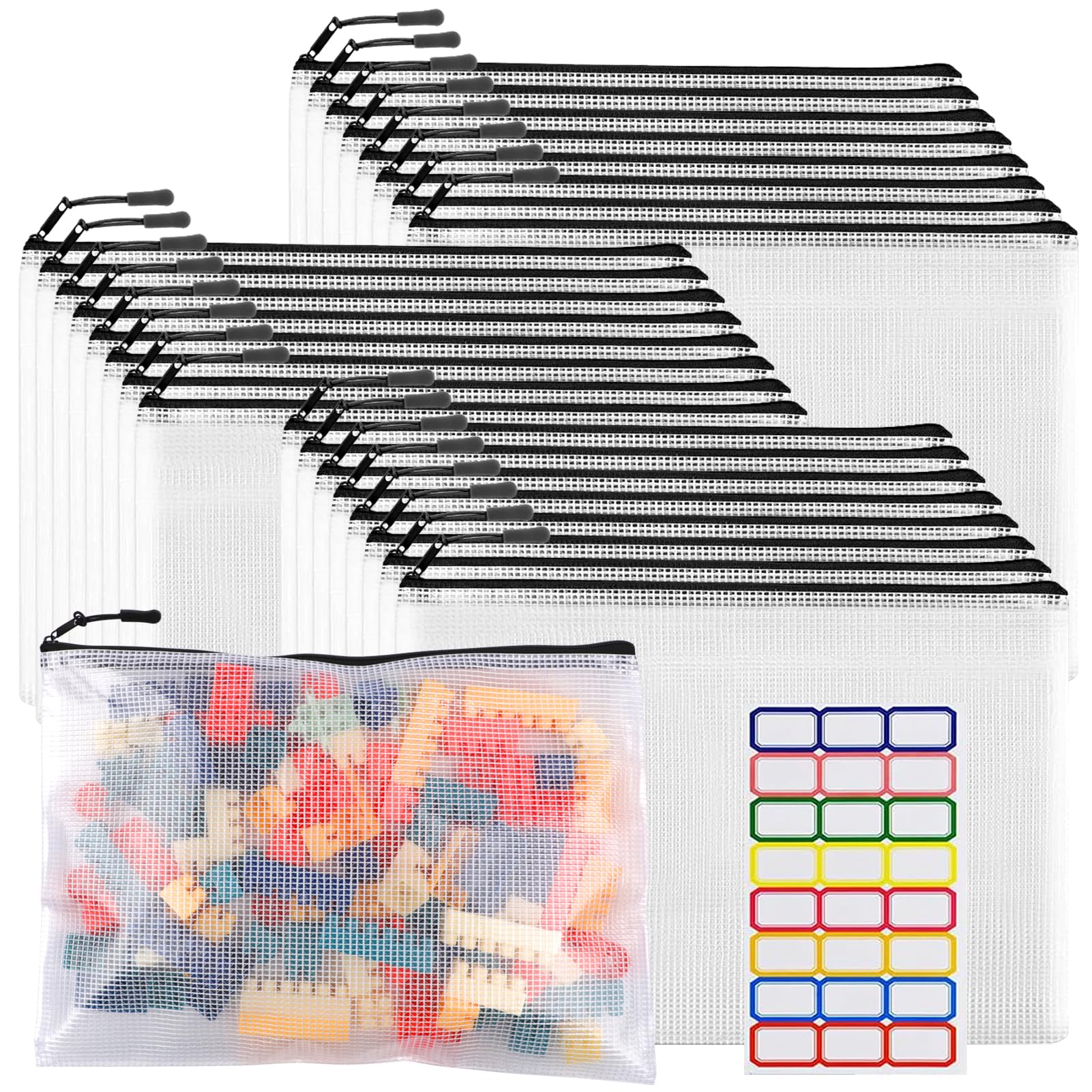 24-Piece Large Mesh Zipper Pouch Organizer Set - Reusable File Storage Bags for Classroom Supplies, Board Games, Puzzles & Travel Accessories - Black Mesh Zippered Pouches (Perfect for School, Office & Home Organization)