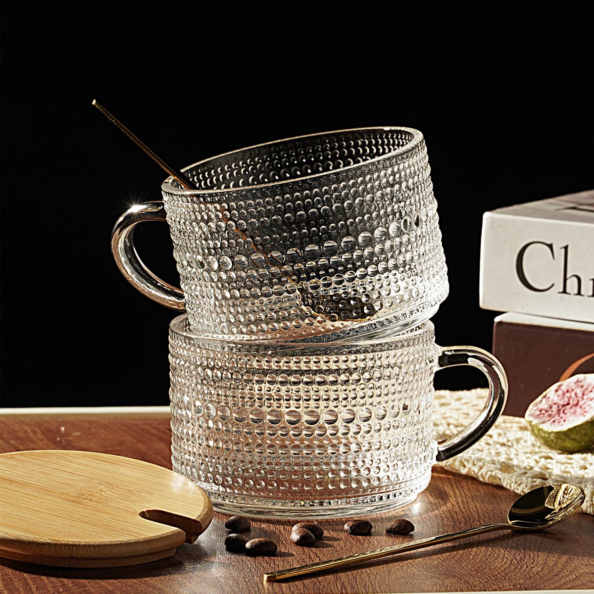 Vintage Glass Coffee Mugs Set of 4 - 14oz Clear Embossed Drinking Cups with Bamboo Lids & Spoons - Perfect for Overnight Oats, Tea, Iced Coffee - Ideal Gift for Women, Home & Office Use