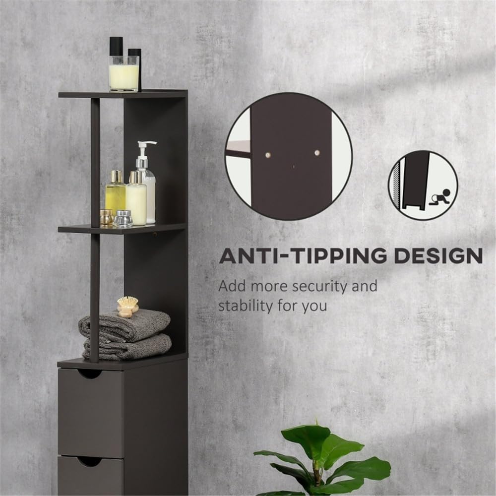 Tall Bathroom Storage Cabinet with 2 Open Shelves, 1 Cabinet & 2 Drawers - Slim Freestanding Linen Tower Organizer - Anti-Tipping Design for Bathroom, Laundry Room or Bedroom - Black
