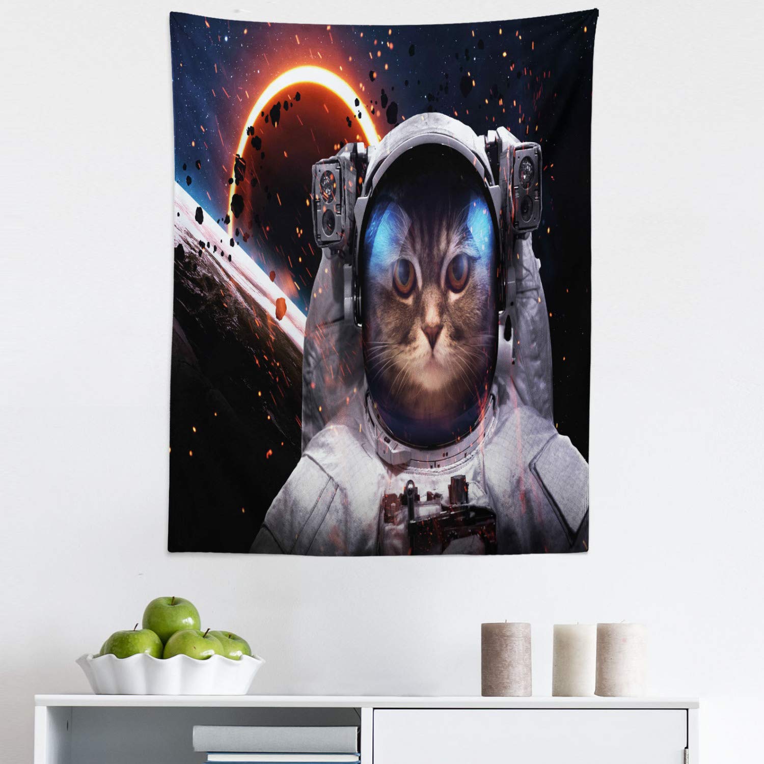 Ambesonne Space Cat Tapestry - Astronaut Cat in Galaxy Comet Clusters Outer Space Wall Art - Dark Blue & White Fabric Wall Hanging Decor 23x28 Inches - Perfect for Bedroom, Living Room, Dorm & Space Themed Parties