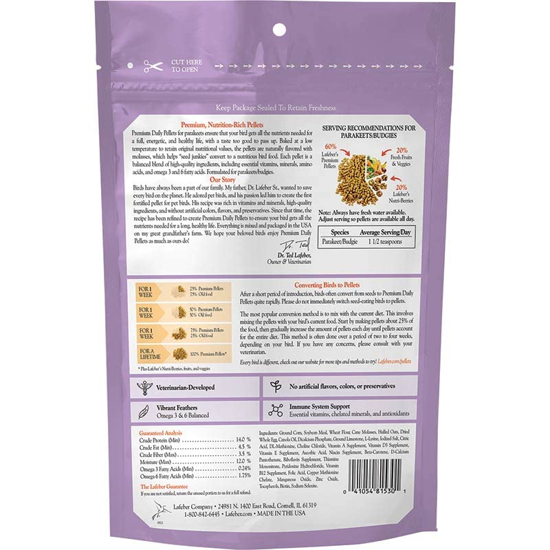 Lafeber's Premium Daily Diet Pellets for Parakeets - 1.25 lb Nutritious Bird Food for Budgies & Small Parrots | Perfect for Daily Feeding & Healthy Growth