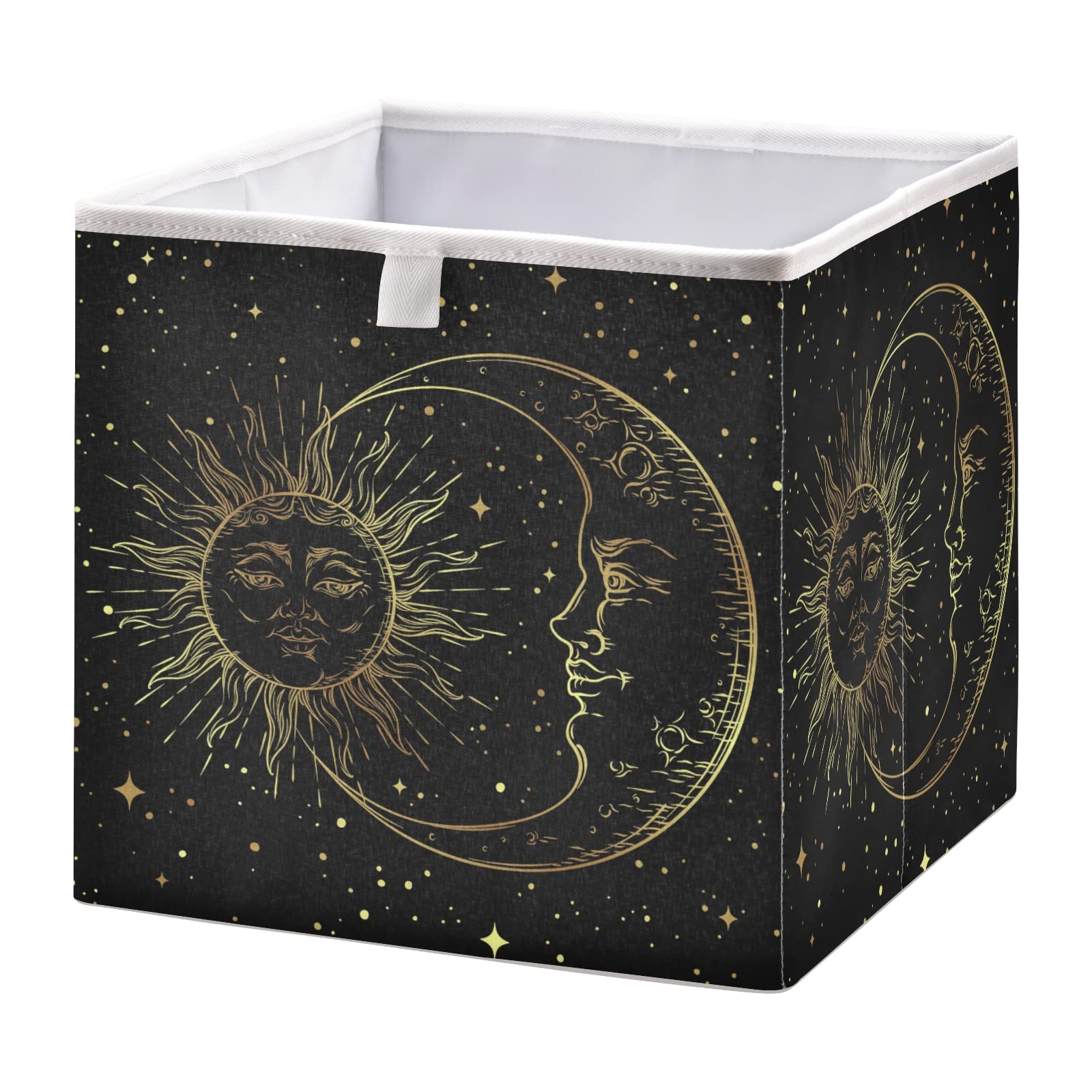 Poeticcity Golden Sun Crescent Moon Gold Stars Black Galaxy Rectangular Storage Basket - Collapsible Foldable Organizer for Toys, Clothes, Nursery - Easy to Assemble | Perfect for Home Organization, Kids Room Decor & Gift Giving