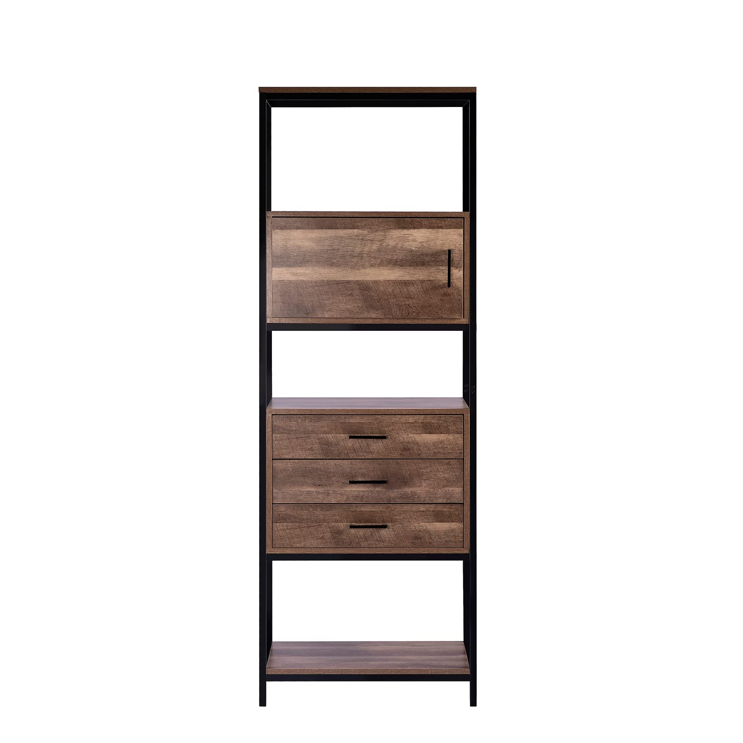 Naomi Home Parker Bookcase with Storage Shelves & Pullout Drawers - Modern Bookshelf Organizer with Metal Frame for Bedroom, Living Room, Office - Walnut Finish