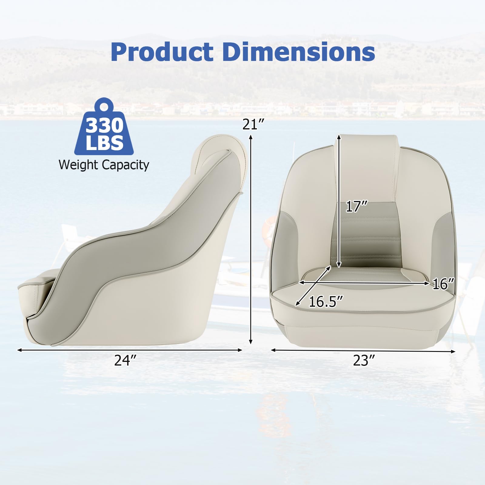 Goplus Captain Bucket Seat - Waterproof PVC Leather Pontoon Boat Chair with Thick Sponge Padding & Curve Armrest, High Back Fishing Boat Seat for Pontoon, Sightseeing, and Leisure Boating (1 Pack, Ivory & Gray) - Perfect for Comfortable Fishing Trips and Relaxing Water Tours