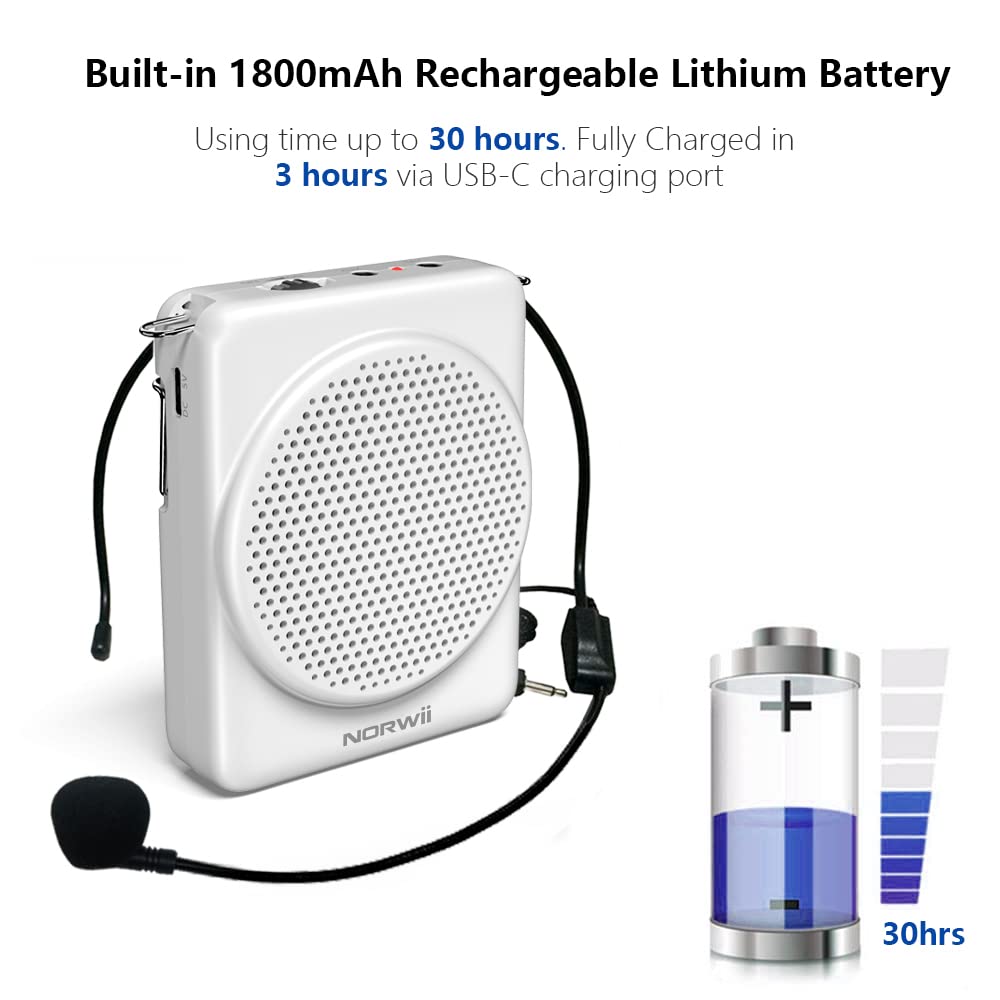 NORWII Mini Voice Amplifier Microphone Headset - 30W Portable Speaker with 3H Quick Charge & 30H Playtime - Wireless Mic for Teachers, Tour Guides, Public Speaking - Ideal for Classrooms, Presentations & Outdoor Events (White)