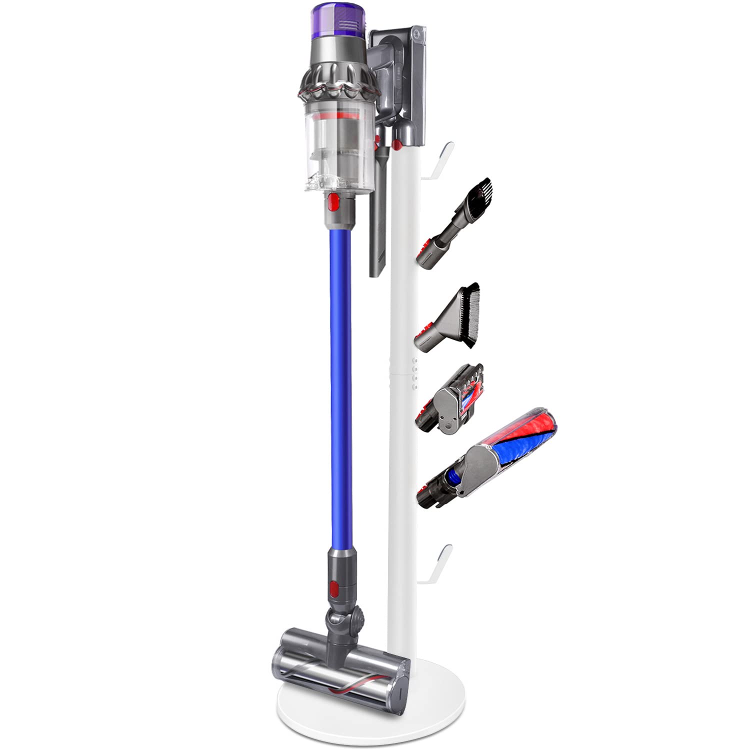 Freestanding Vacuum Stand Holder for Dyson V15 Detect, V11, V10, V8, V7, V6 Cordless Vacuums - Metal Floor Docking Station with 6 Hooks (White) | Wall Mount Organizer for Bedroom, Living Room & Garage Storage