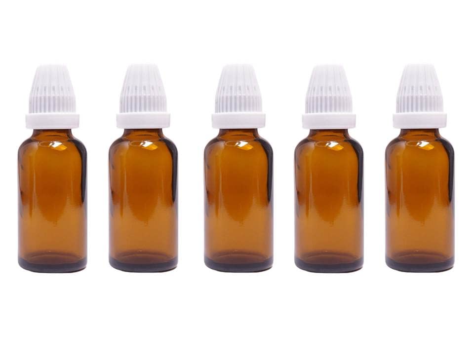 PHARCOS 30ml Amber Glass Dropper Bottles with White Temple Cap & Inner Dropper Plug - Essential Oil Bottles, Perfume Containers, Aromatherapy Supplies (Pack of 5) for DIY Blending, Travel Size Liquids & Home Fragrance Storage