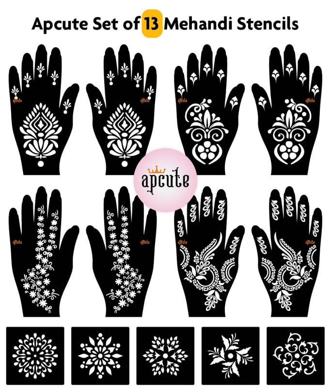 Apcute 13-Piece Mehndi Henna Tattoo Sticker Set for Hands | Temporary Tattoo Stencils for Women & Girls | Easy 4-Step Application | Perfect for Weddings, Festivals & Parties